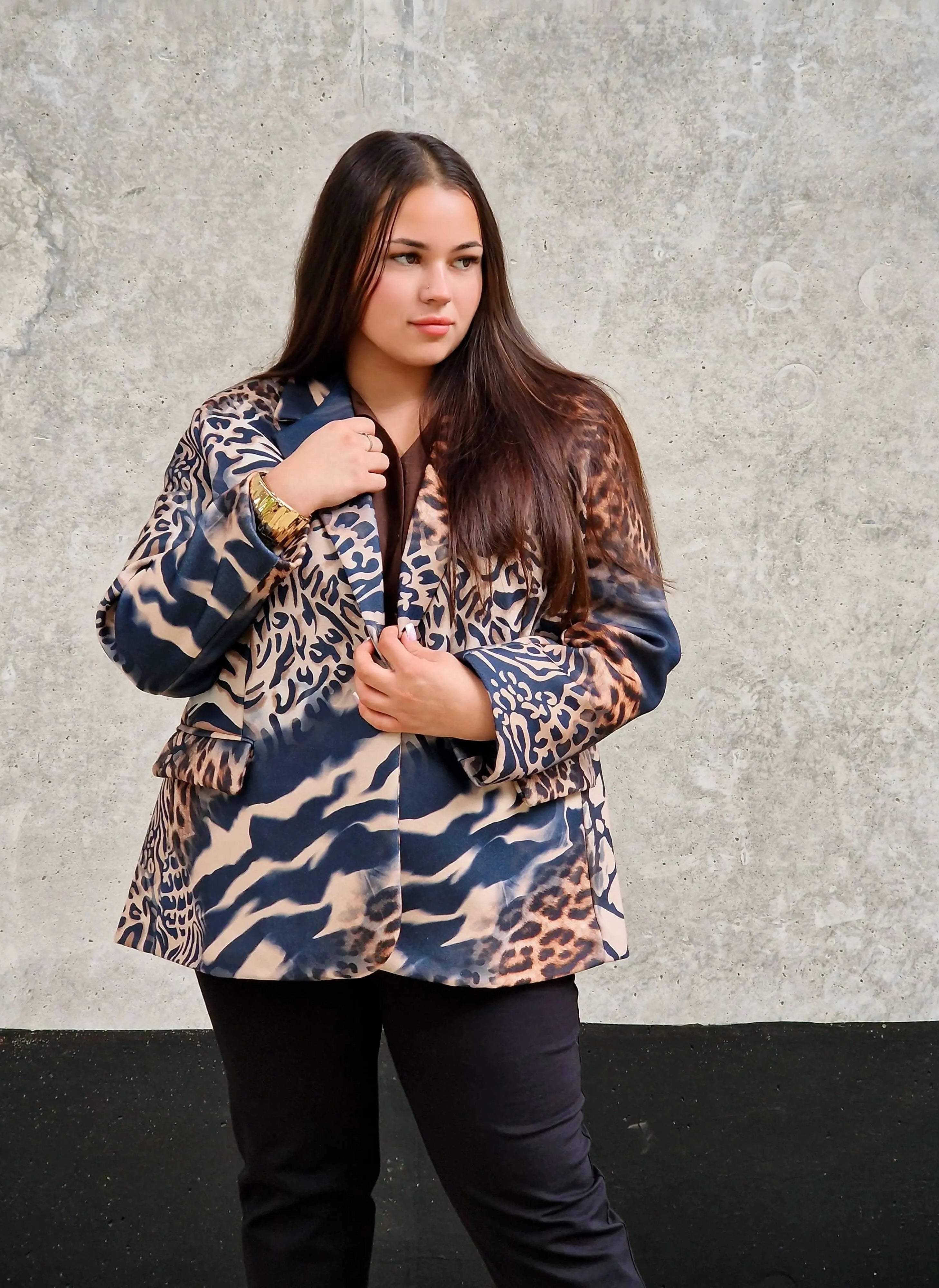Marynarka damska w mieszany wzór zwierzęcy – unikalny design -GRANAT Stylowa XL