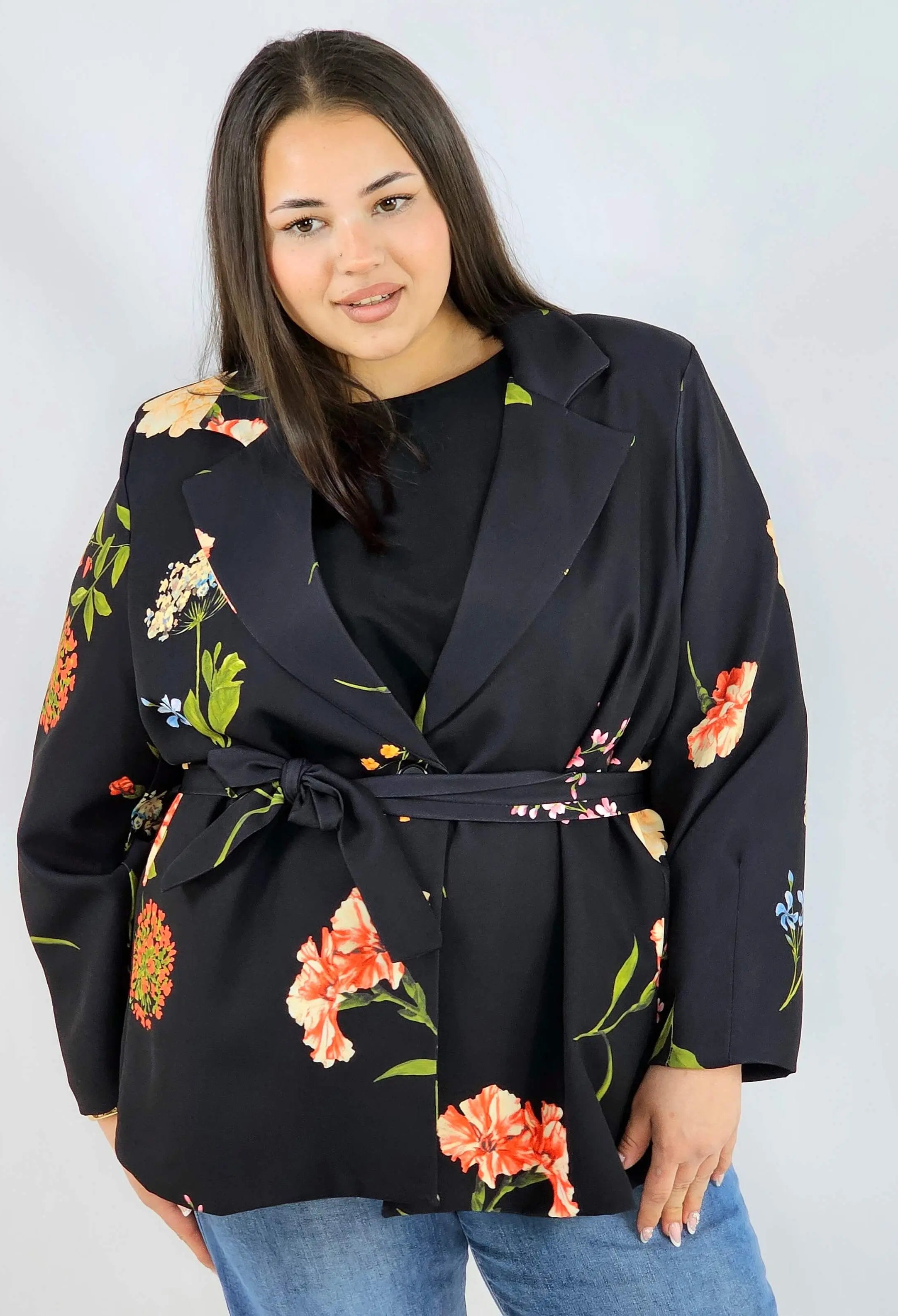 Marynarka plus size w kwiaty wiązana w talii elegancka XXL Stylowa XL