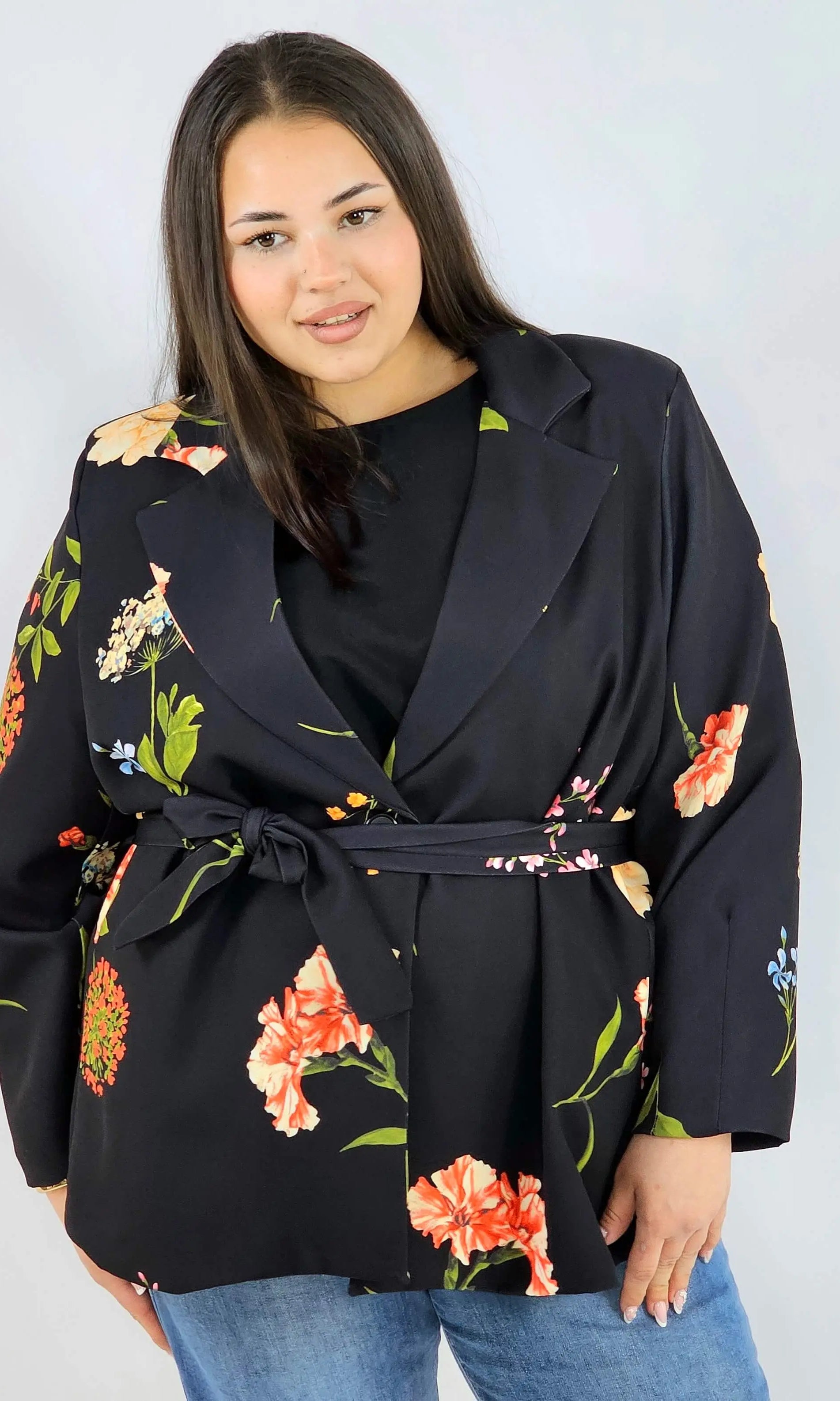 Marynarka plus size w kwiaty wiązana w talii elegancka XXL Stylowa XL
