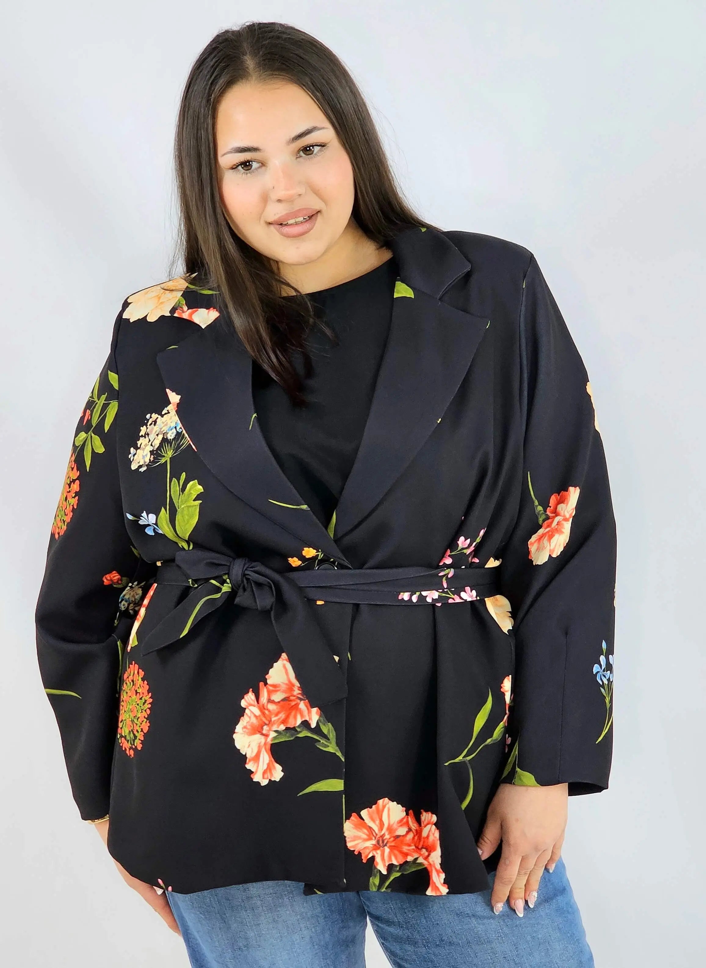 Marynarka plus size w kwiaty wiązana w talii elegancka XXL Stylowa XL