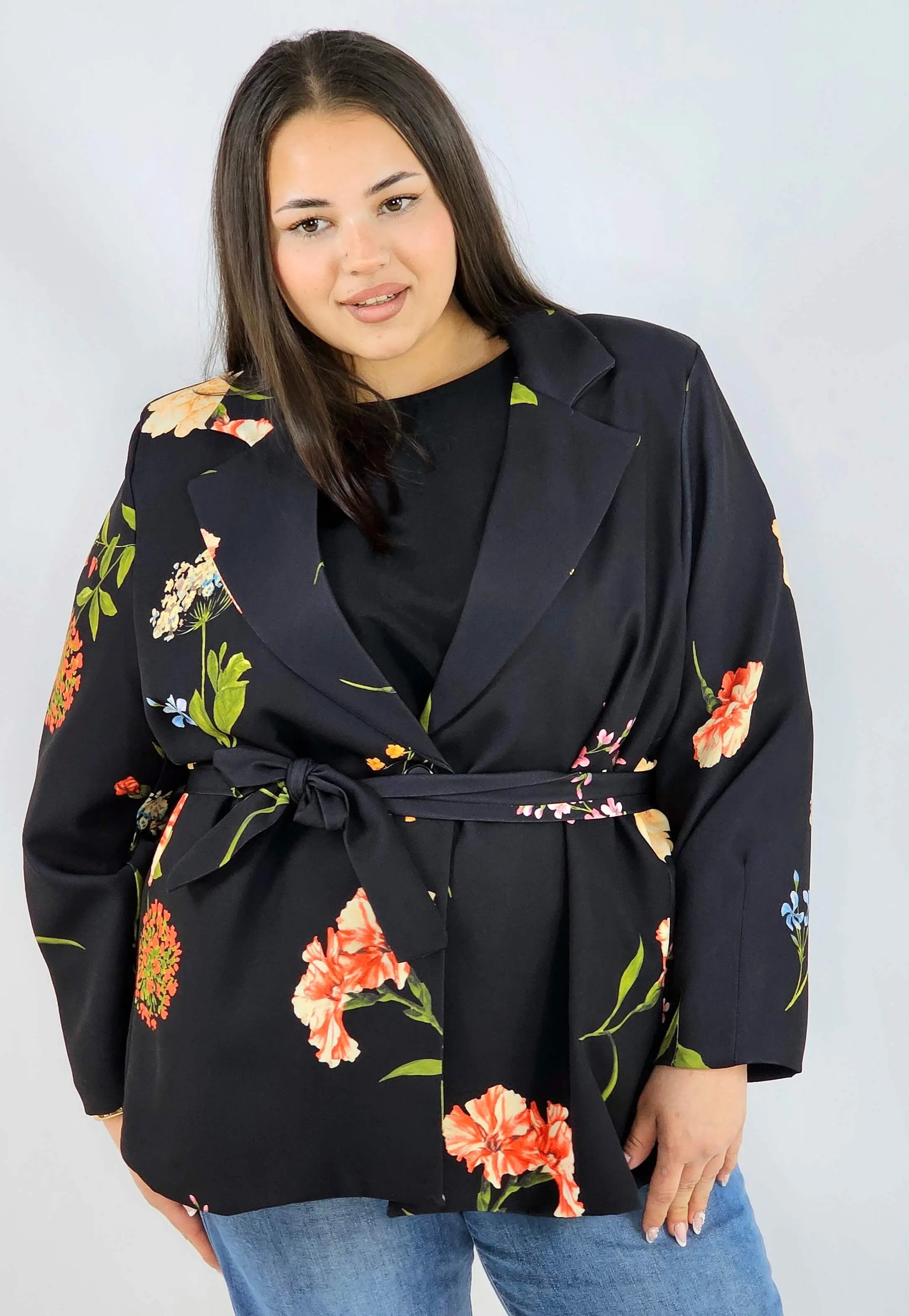 Marynarka plus size w kwiaty wiązana w talii elegancka XXL Stylowa XL