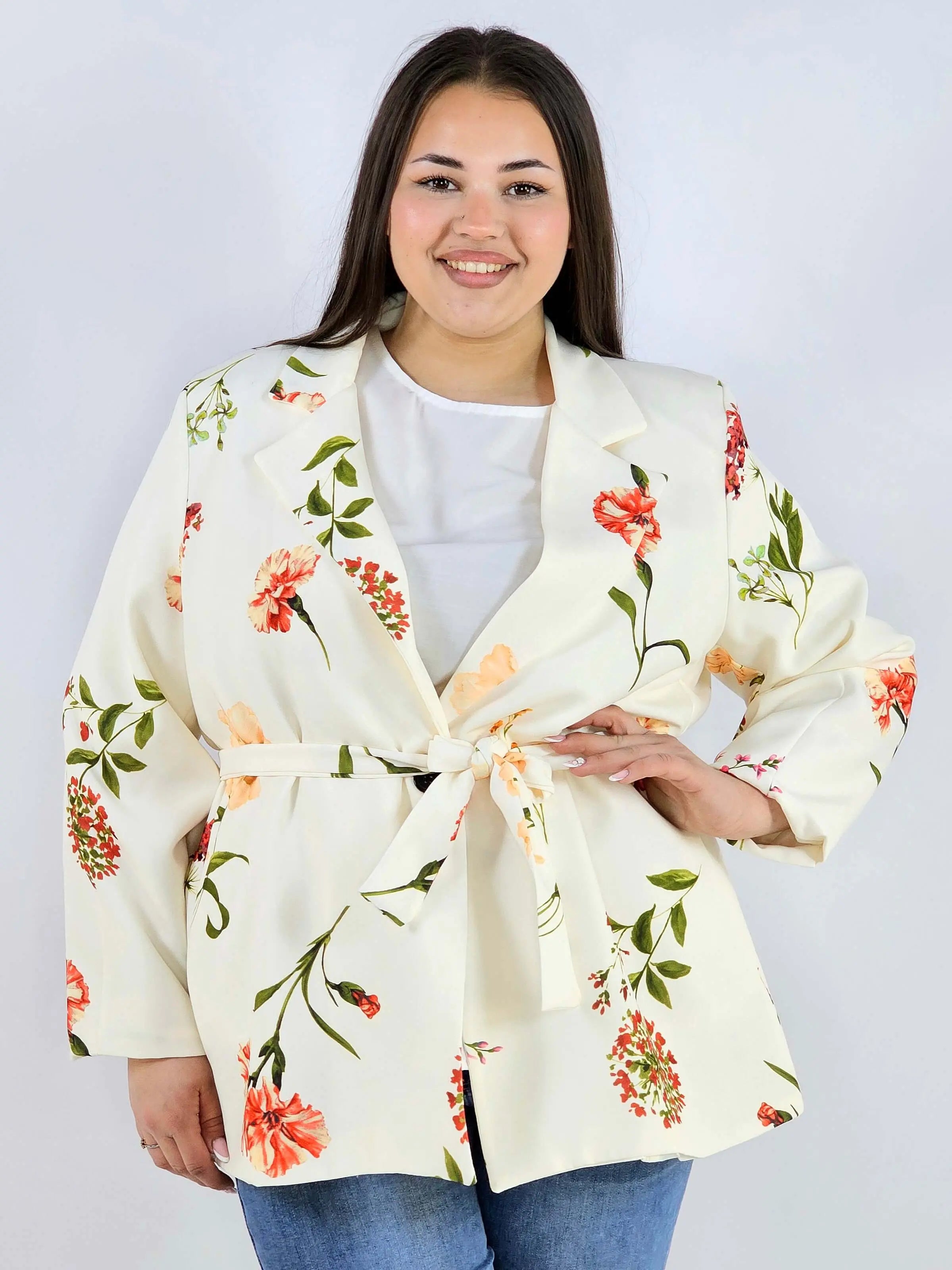 Marynarka plus size w kwiaty wiązana w talii elegancka XXL Stylowa XL