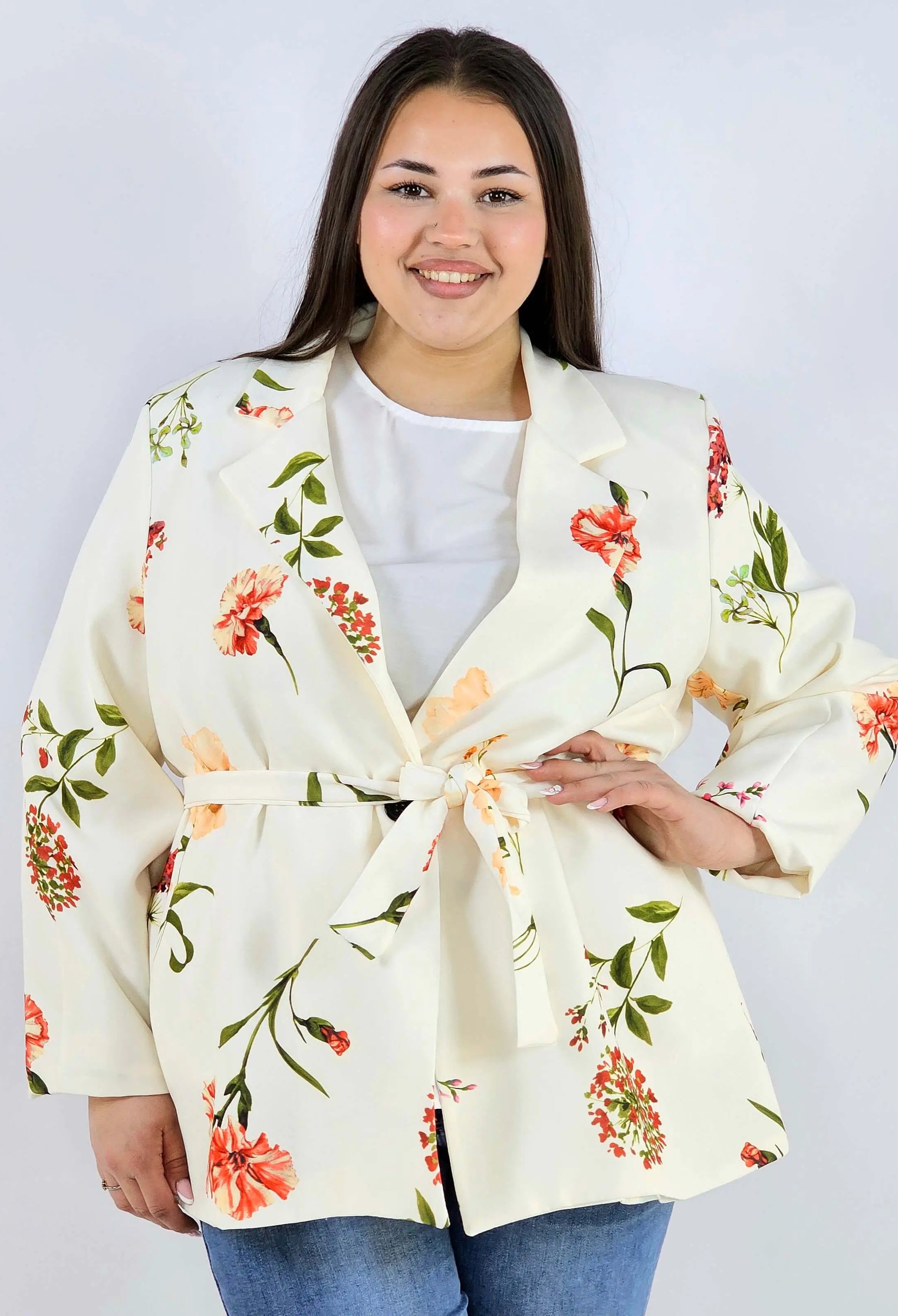 Marynarka plus size w kwiaty wiązana w talii elegancka XXL Stylowa XL