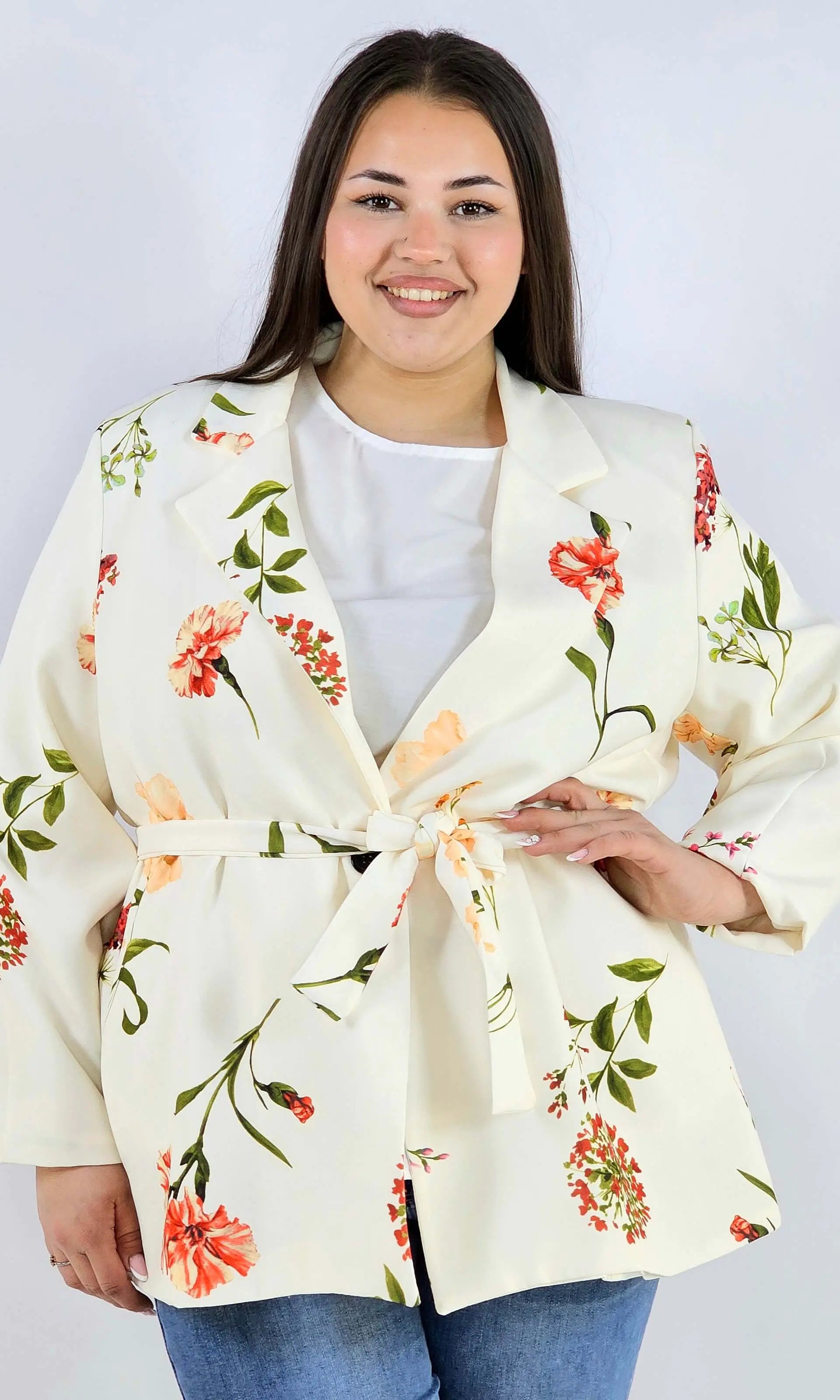 Marynarka plus size w kwiaty wiązana w talii elegancka XXL Stylowa XL