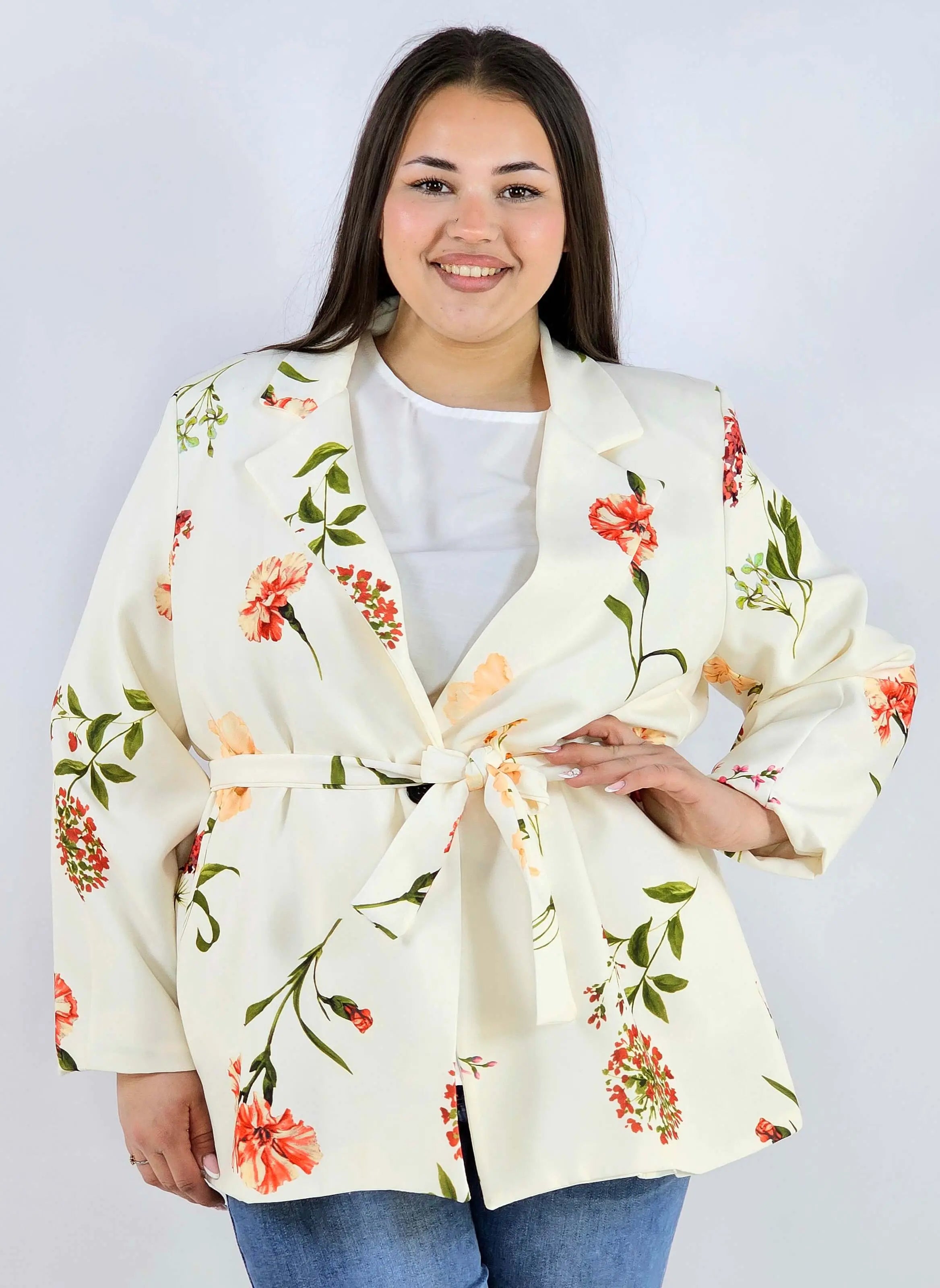 Marynarka plus size w kwiaty wiązana w talii elegancka XXL Stylowa XL