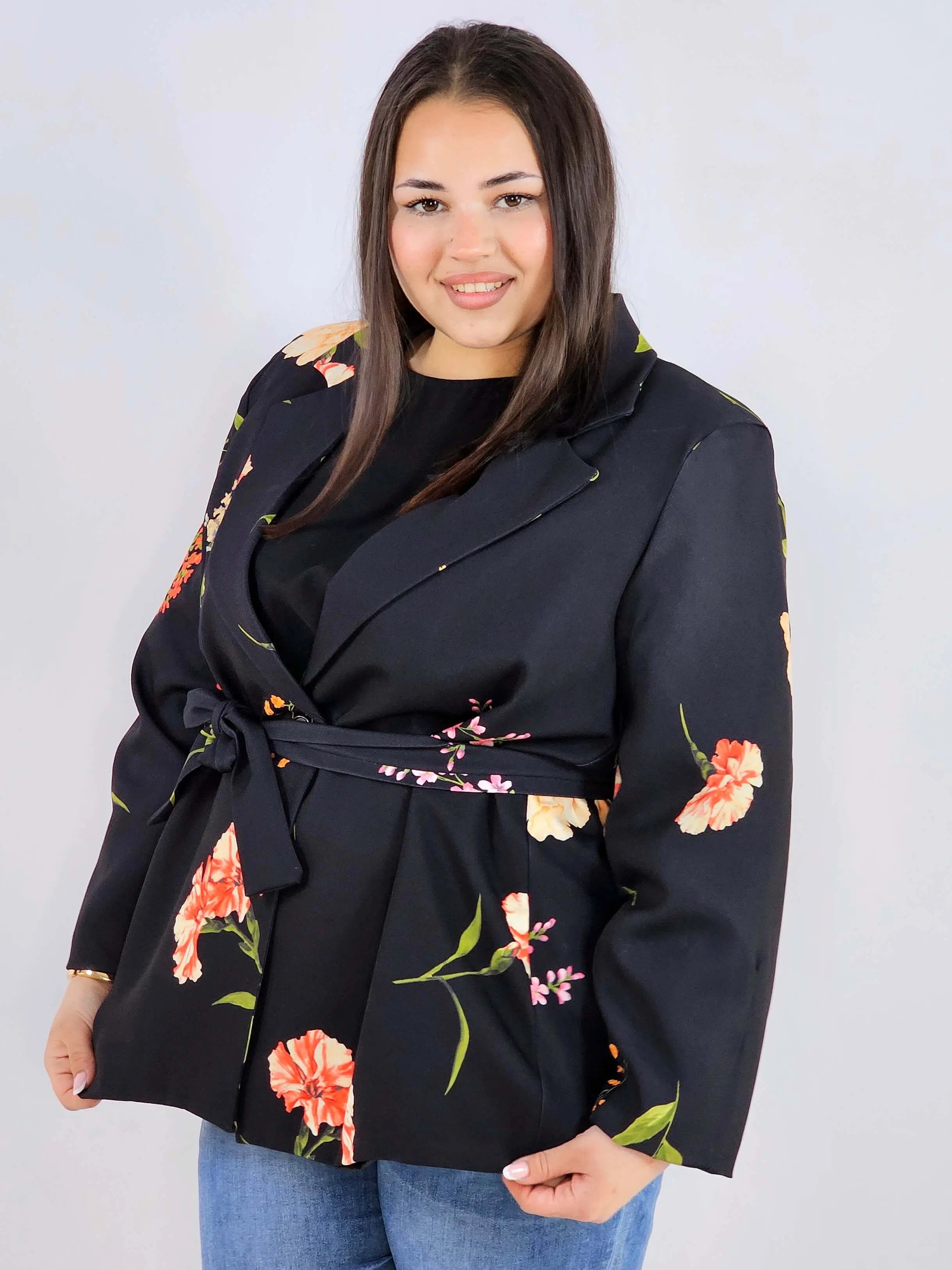 Marynarka plus size w kwiaty wiązana w talii elegancka XXL Stylowa XL