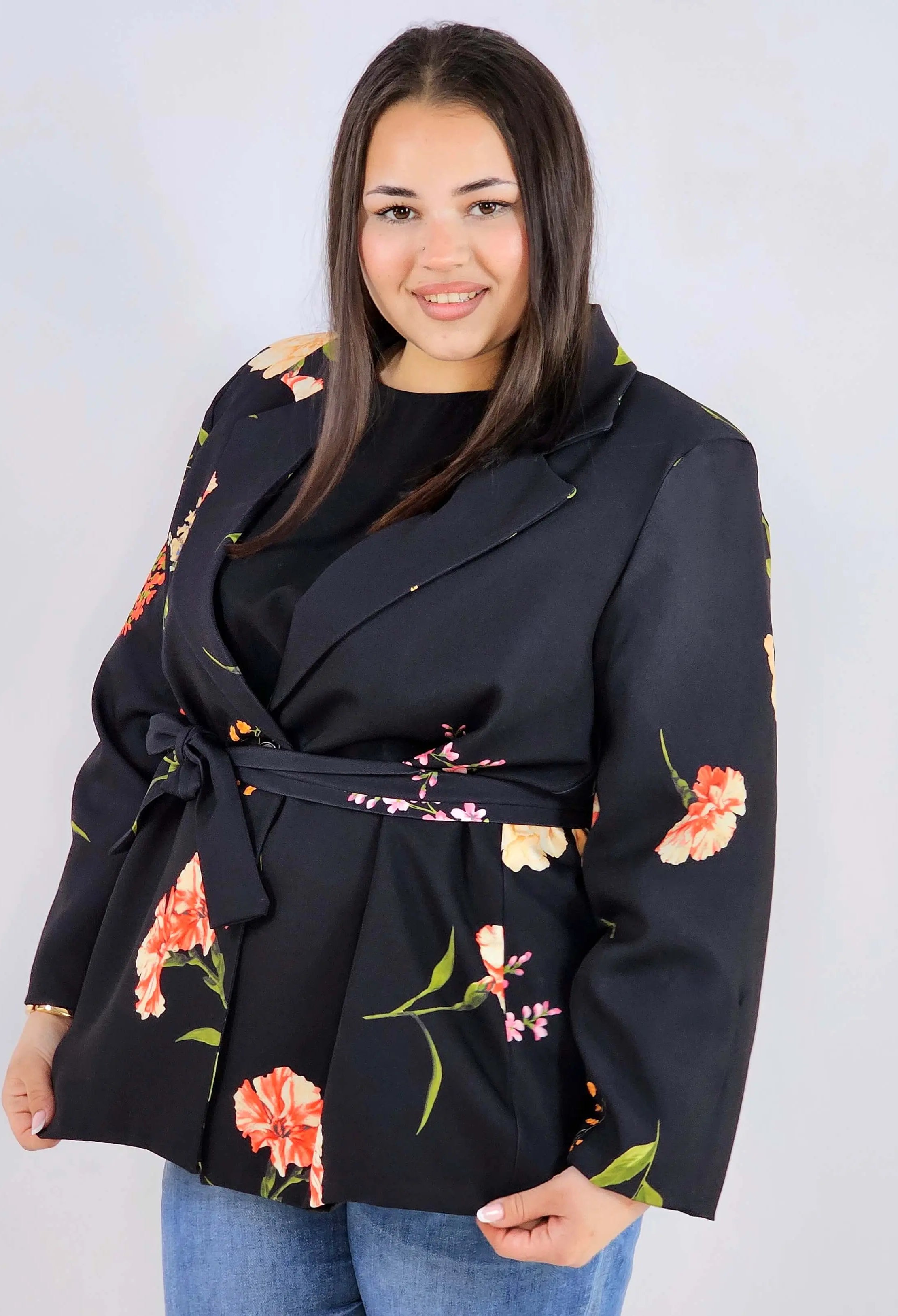 Marynarka plus size w kwiaty wiązana w talii elegancka XXL Stylowa XL