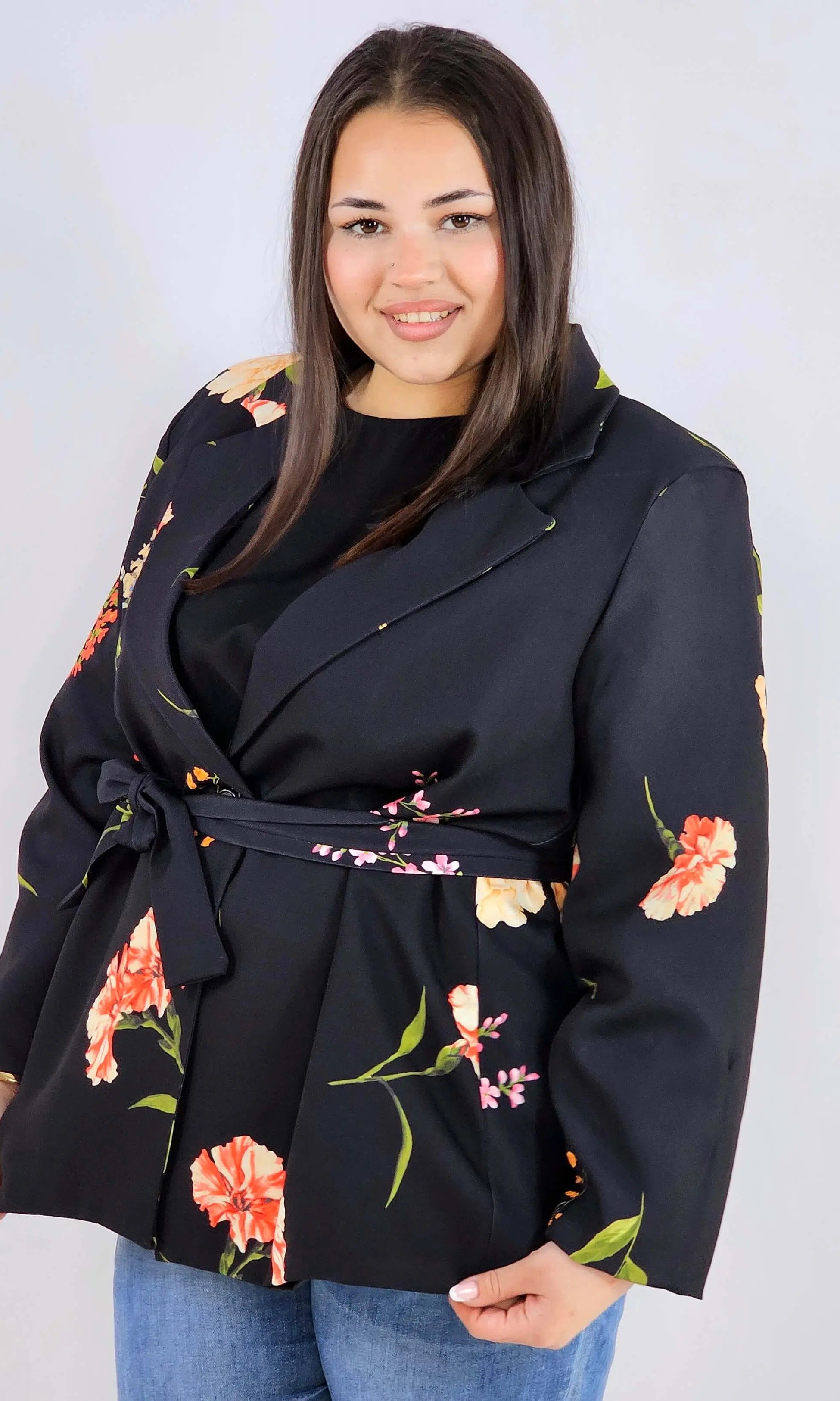 Marynarka plus size w kwiaty wiązana w talii elegancka XXL Stylowa XL