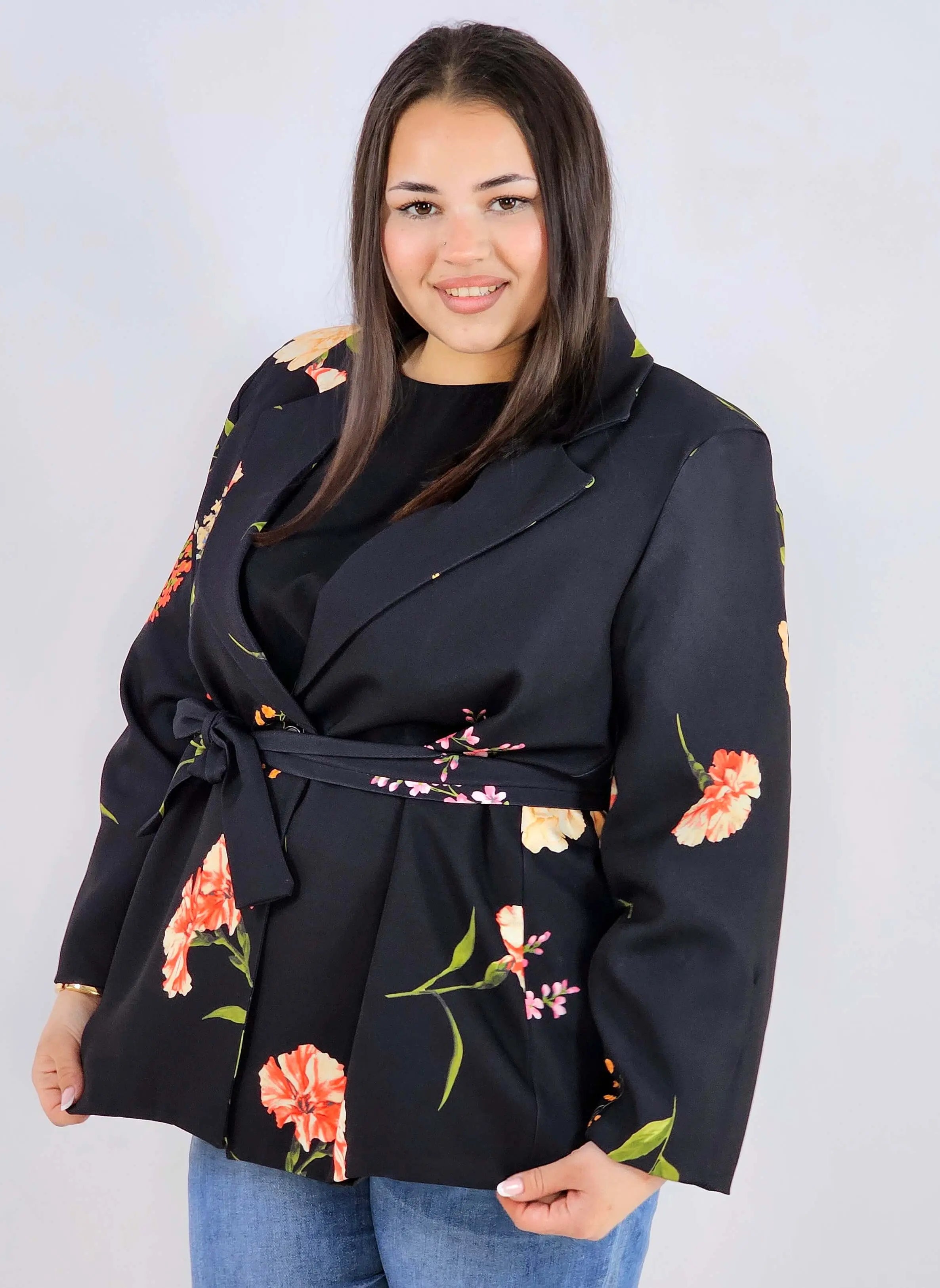 Marynarka plus size w kwiaty wiązana w talii elegancka XXL Stylowa XL