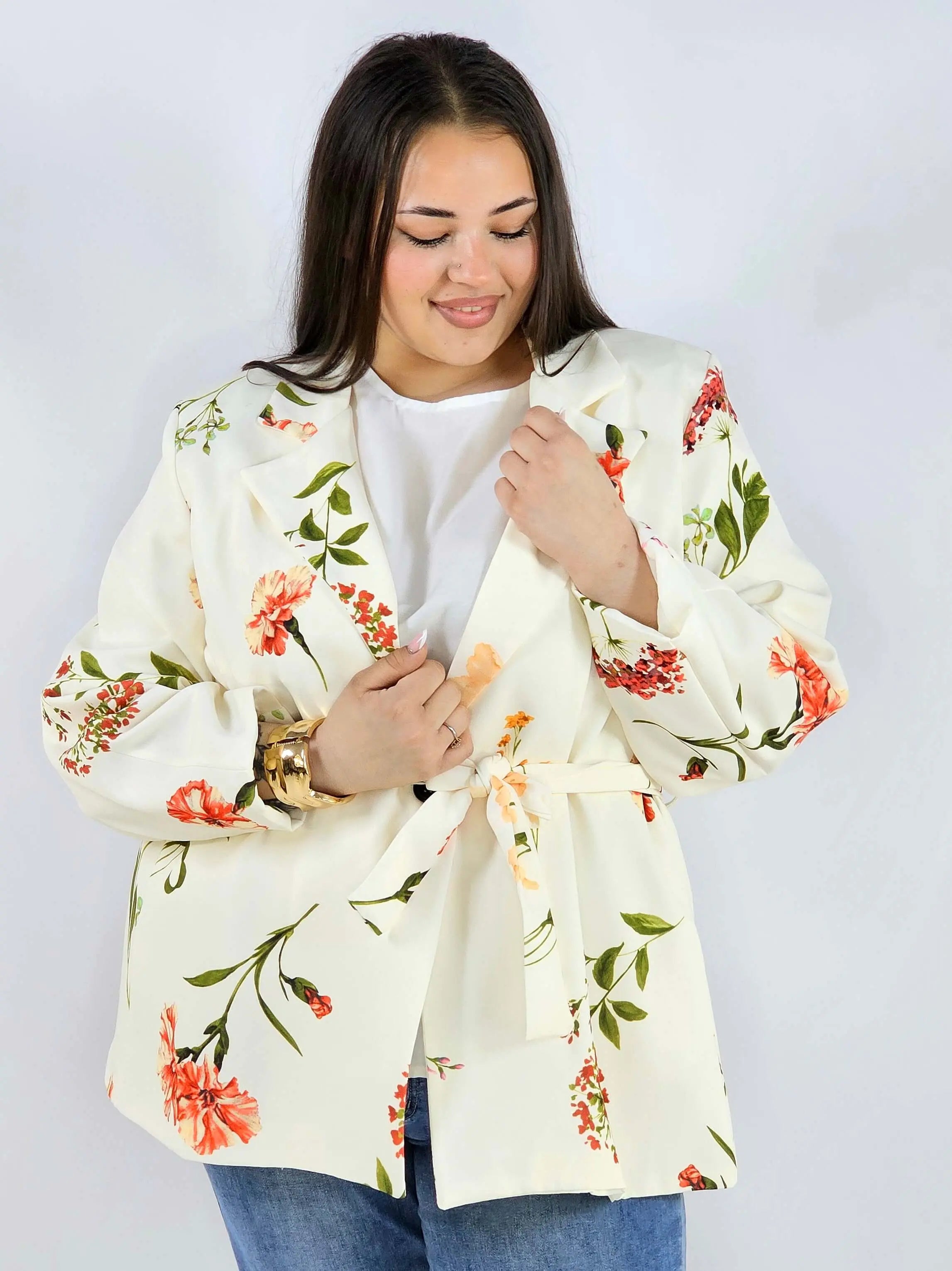 Marynarka plus size w kwiaty wiązana w talii elegancka XXL Stylowa XL