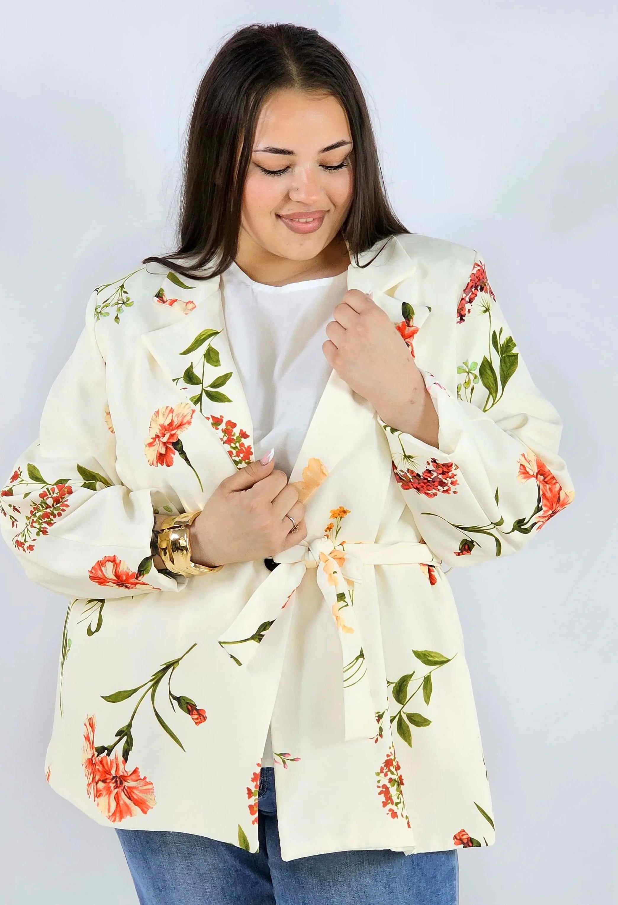 Marynarka plus size w kwiaty wiązana w talii elegancka XXL Stylowa XL