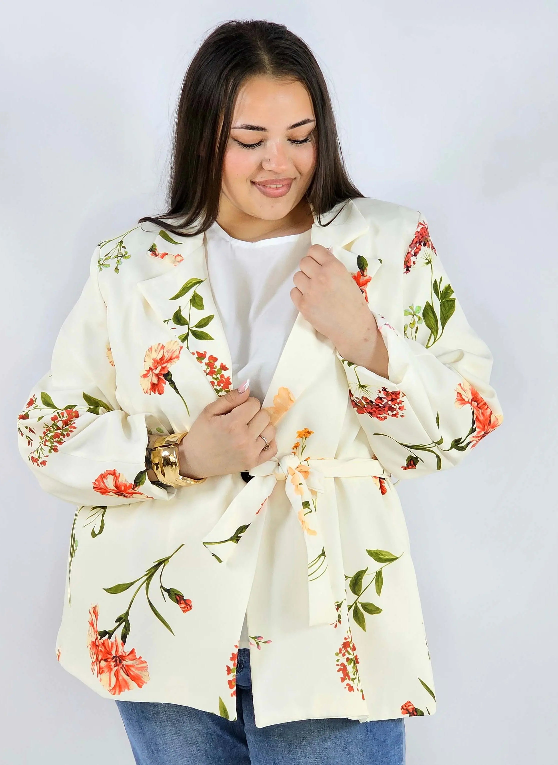 Marynarka plus size w kwiaty wiązana w talii elegancka XXL Stylowa XL