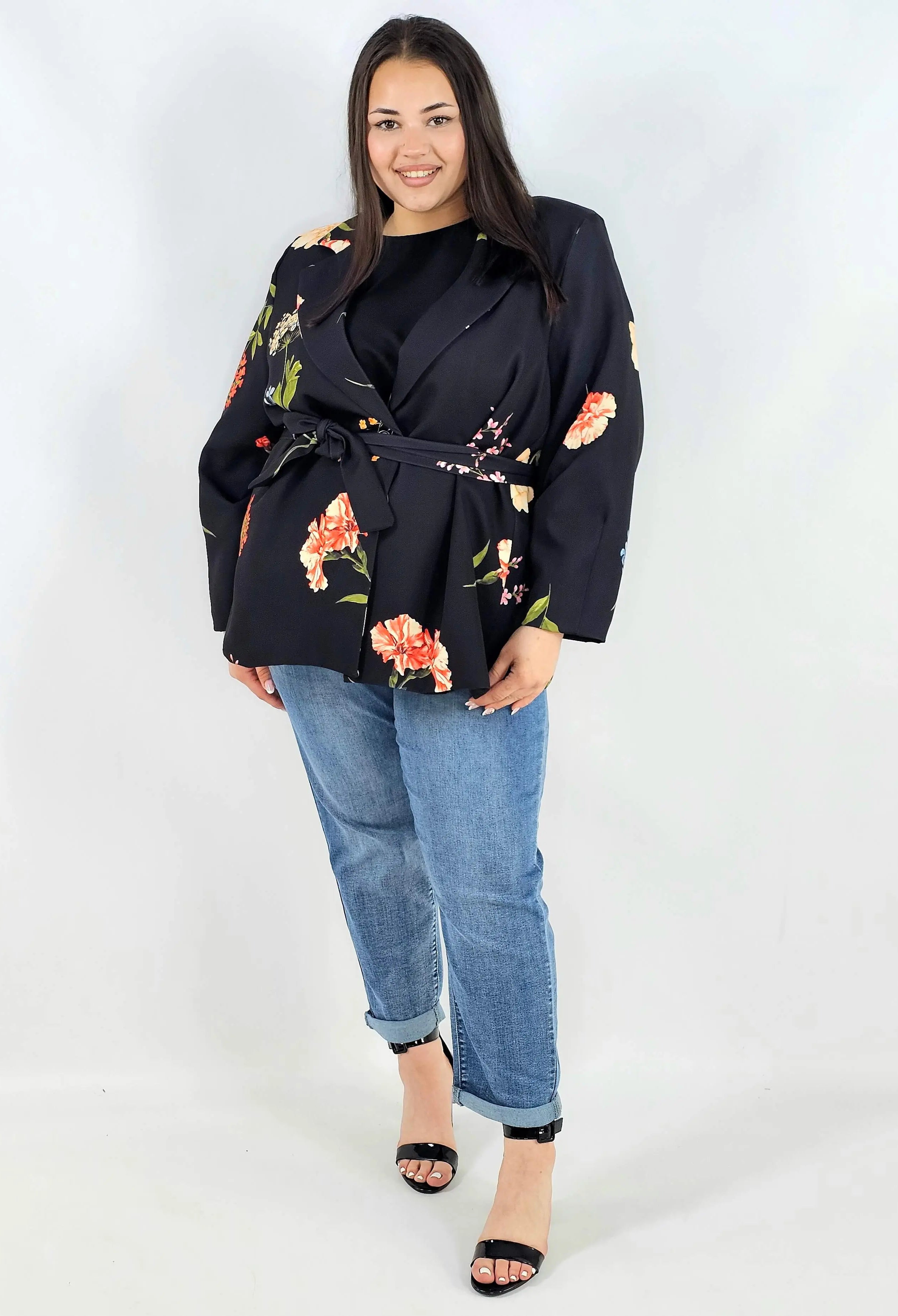 Marynarka plus size w kwiaty wiązana w talii elegancka XXL Stylowa XL