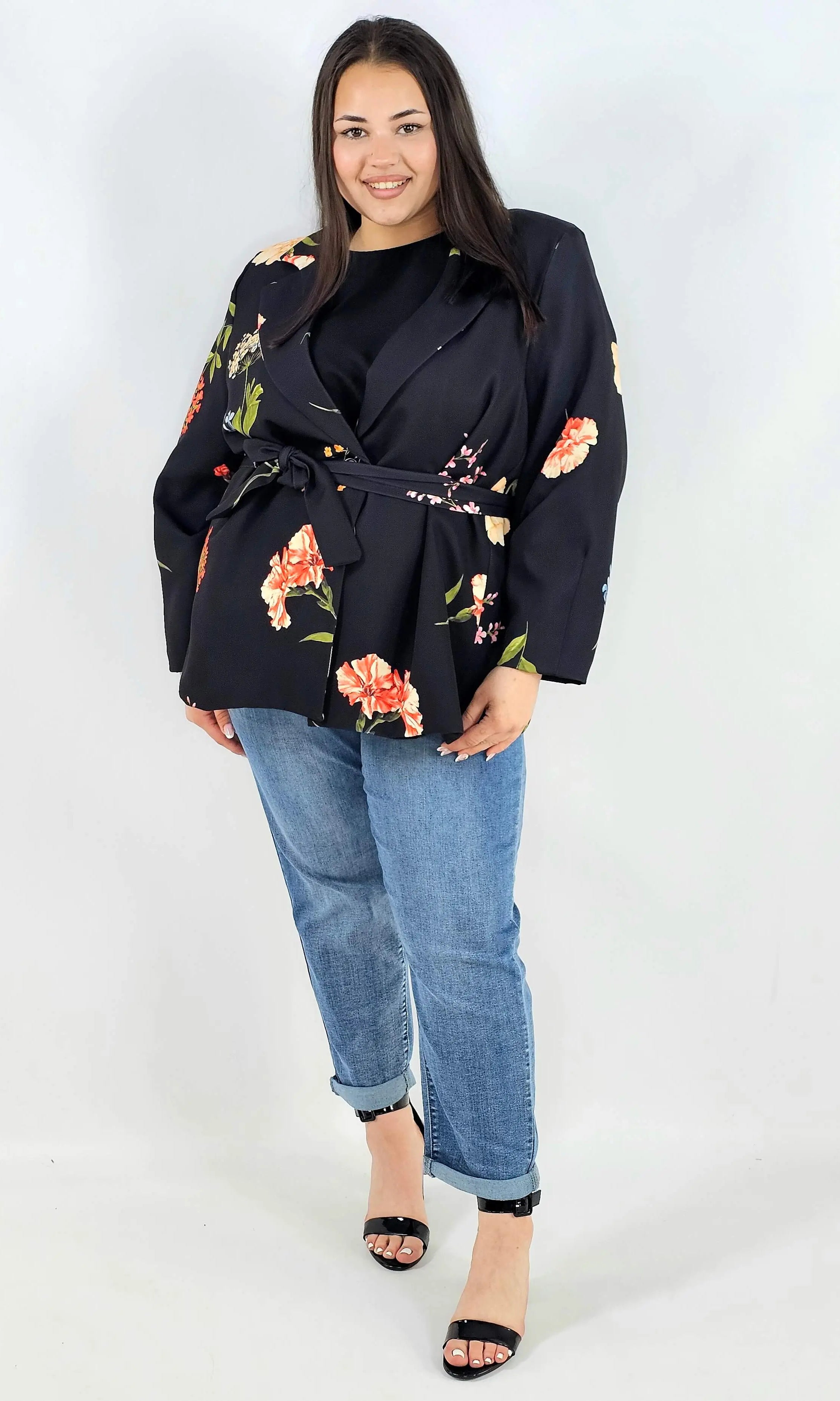 Marynarka plus size w kwiaty wiązana w talii elegancka XXL Stylowa XL