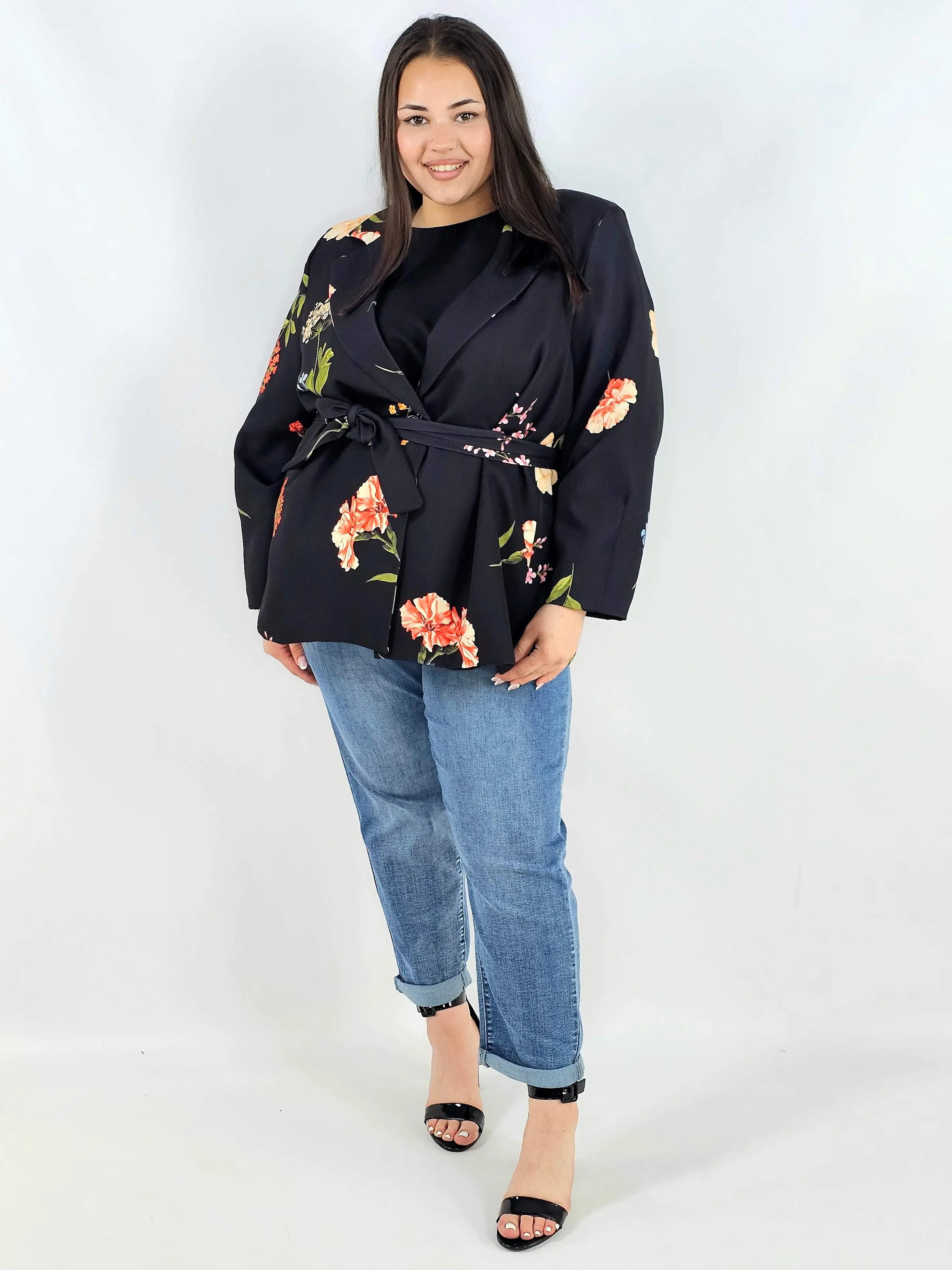 Marynarka plus size w kwiaty wiązana w talii elegancka XXL Stylowa XL