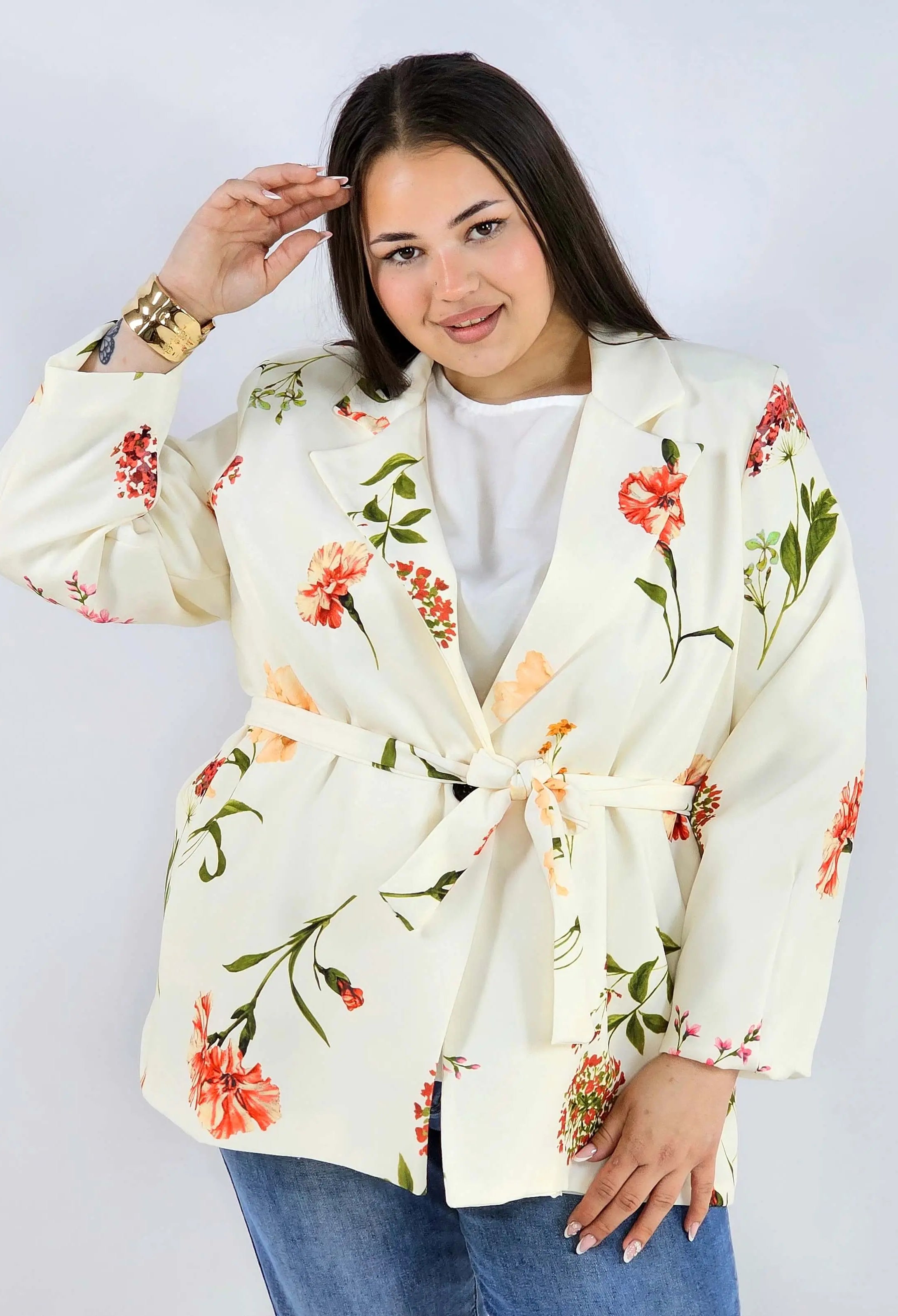 Marynarka plus size w kwiaty wiązana w talii elegancka XXL Stylowa XL