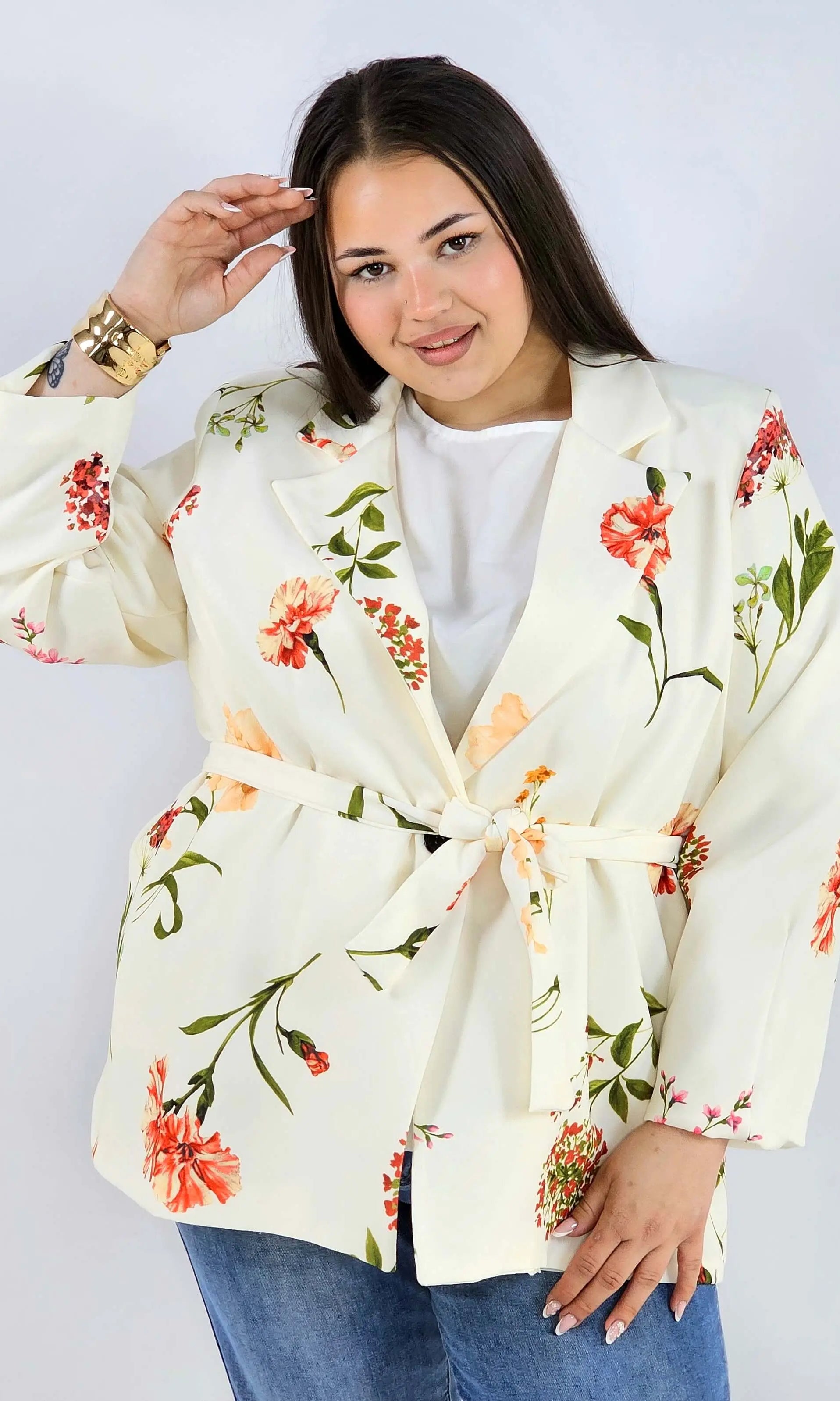 Marynarka plus size w kwiaty wiązana w talii elegancka XXL Stylowa XL