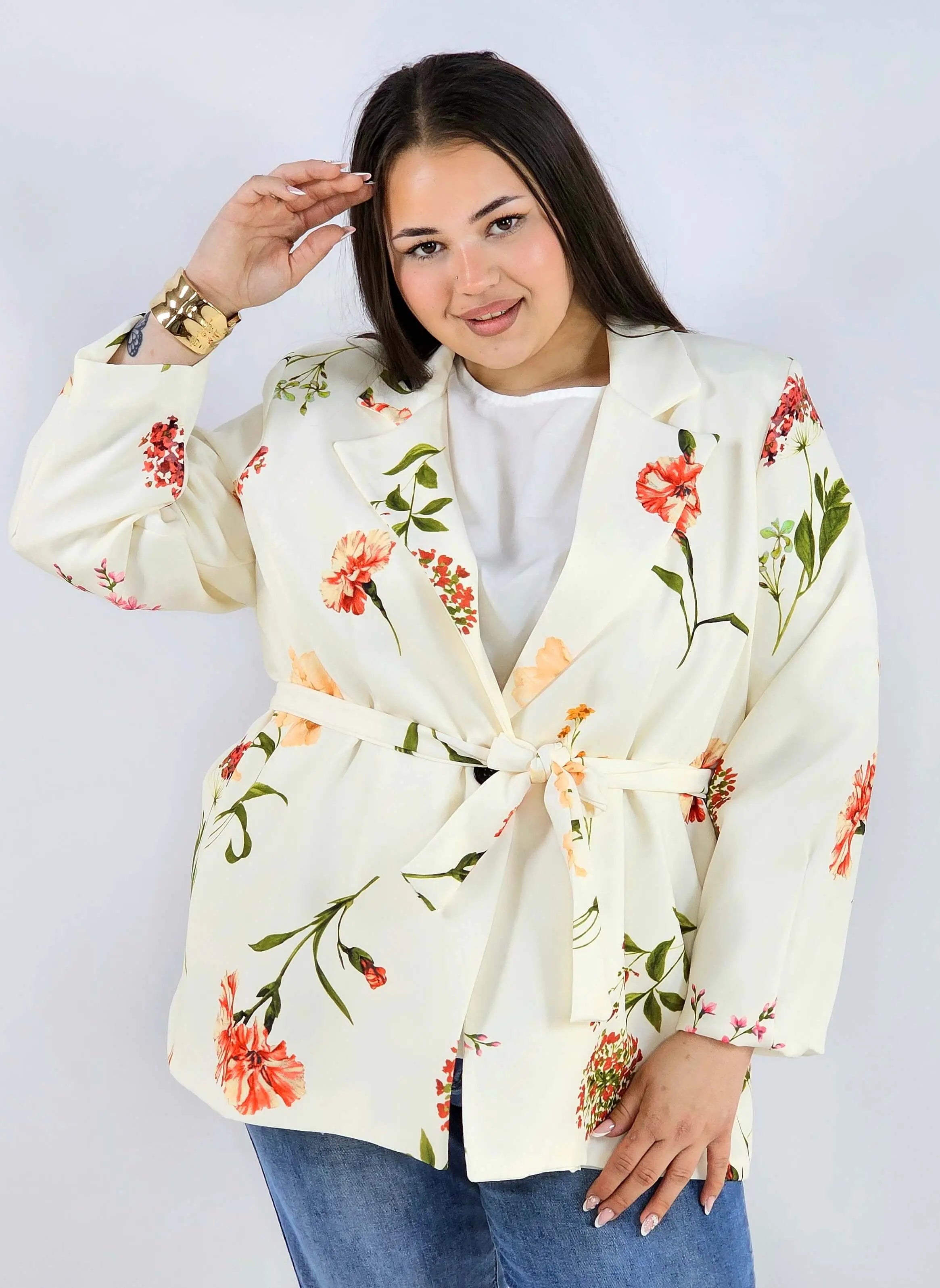 Marynarka plus size w kwiaty wiązana w talii elegancka XXL Stylowa XL