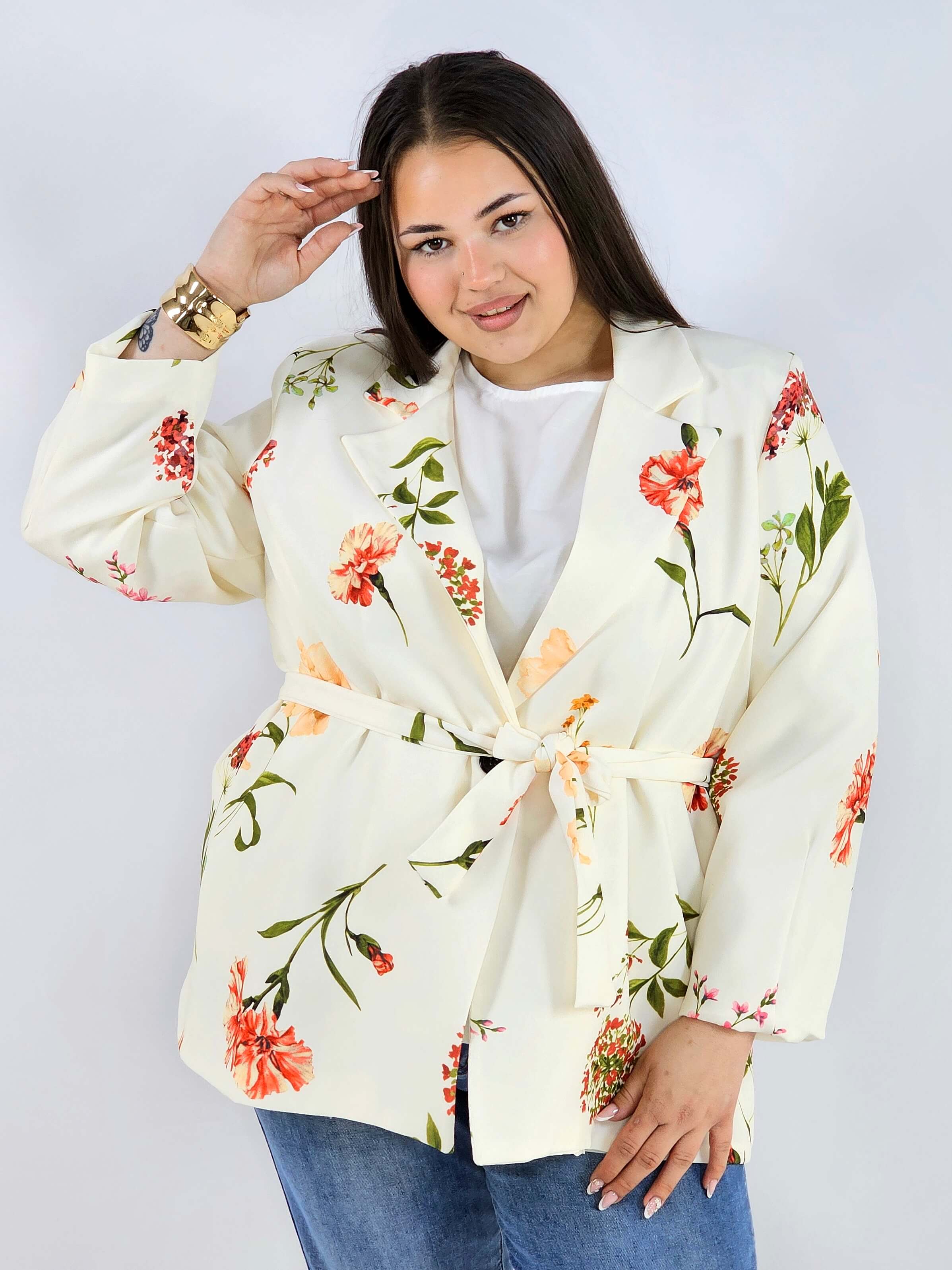 Marynarka plus size w kwiaty wiązana w talii elegancka XXL Stylowa XL