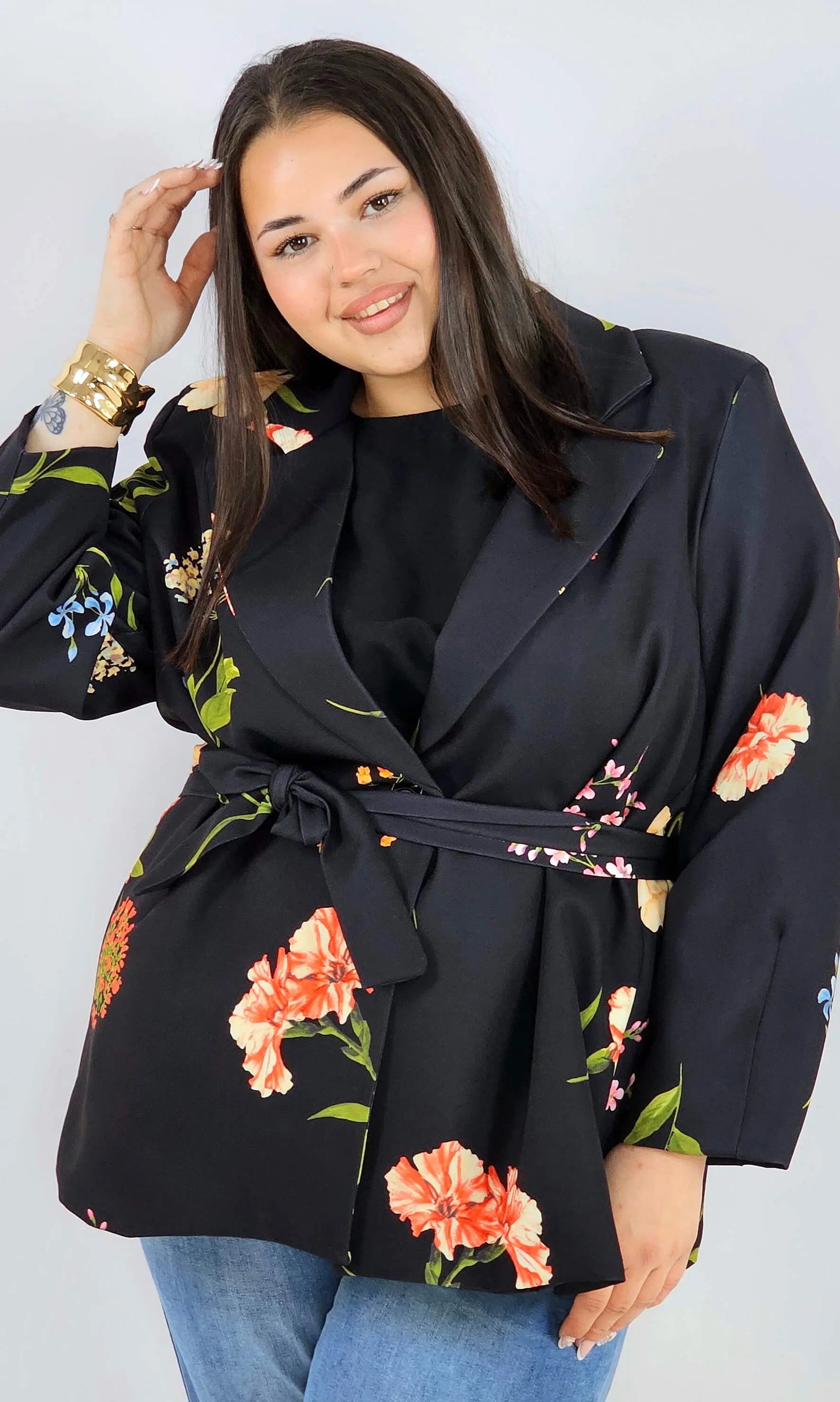Marynarka plus size w kwiaty wiązana w talii elegancka XXL Stylowa XL