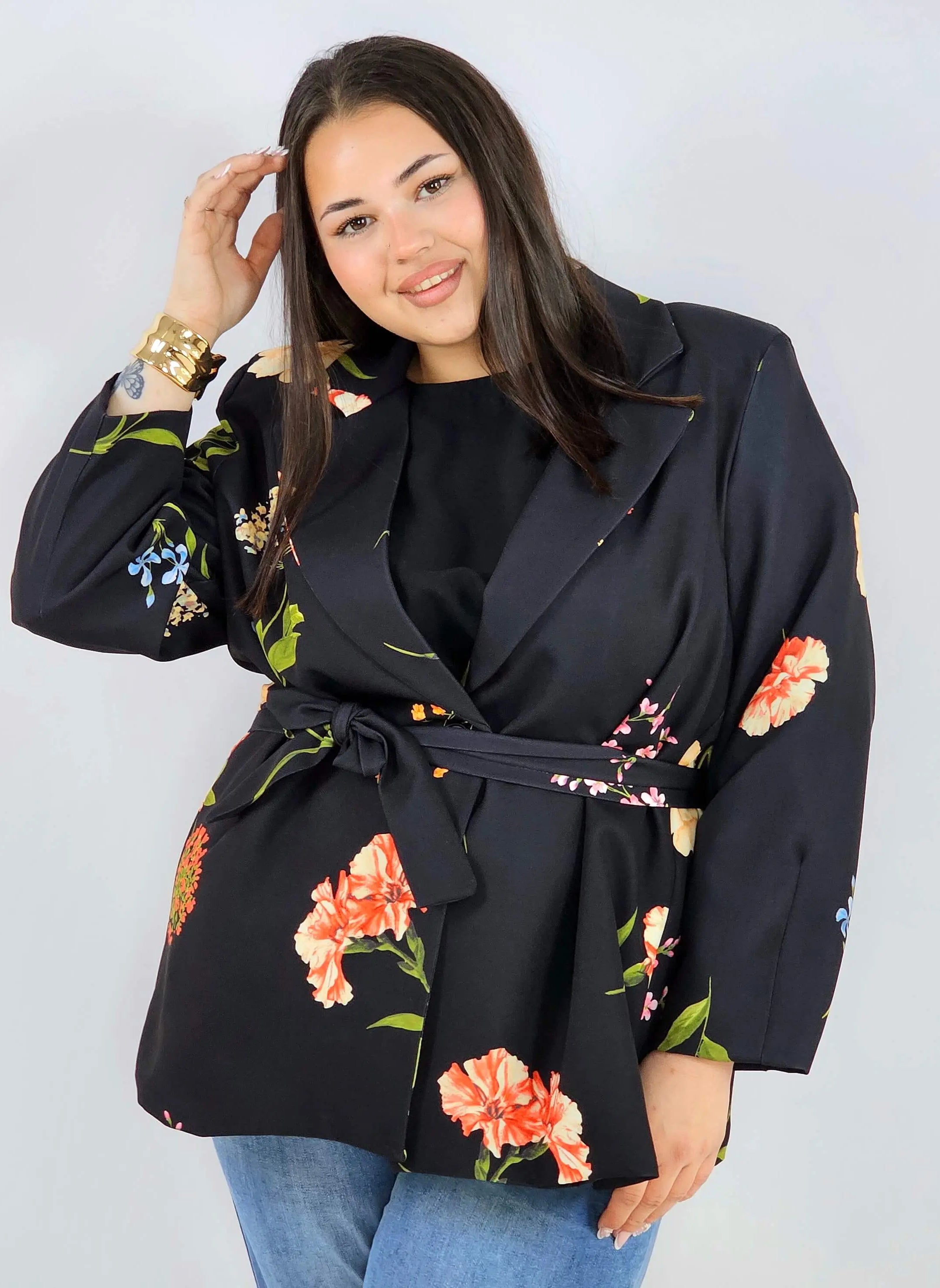 Marynarka plus size w kwiaty wiązana w talii elegancka XXL Stylowa XL