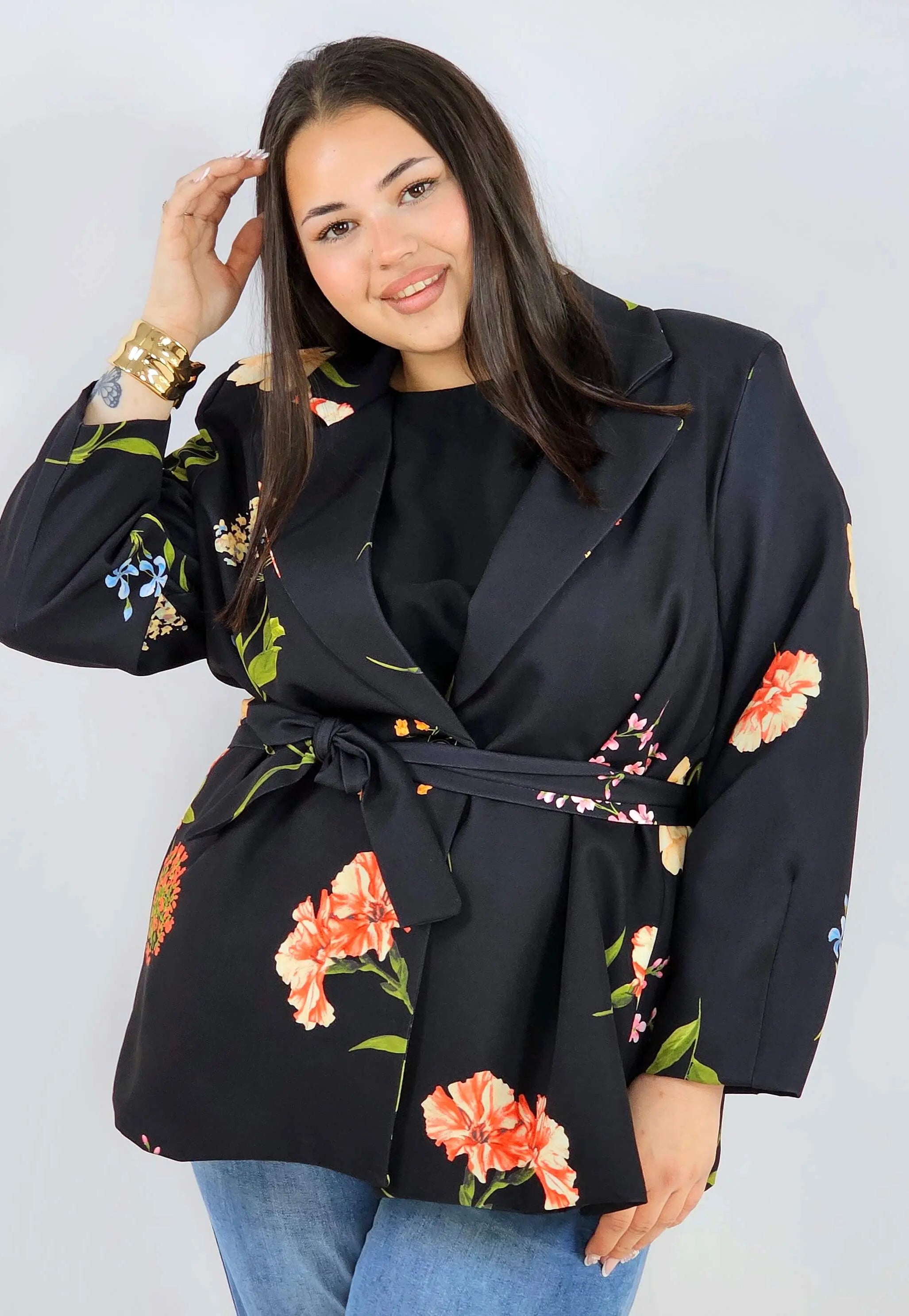 Marynarka plus size w kwiaty wiązana w talii elegancka XXL Stylowa XL