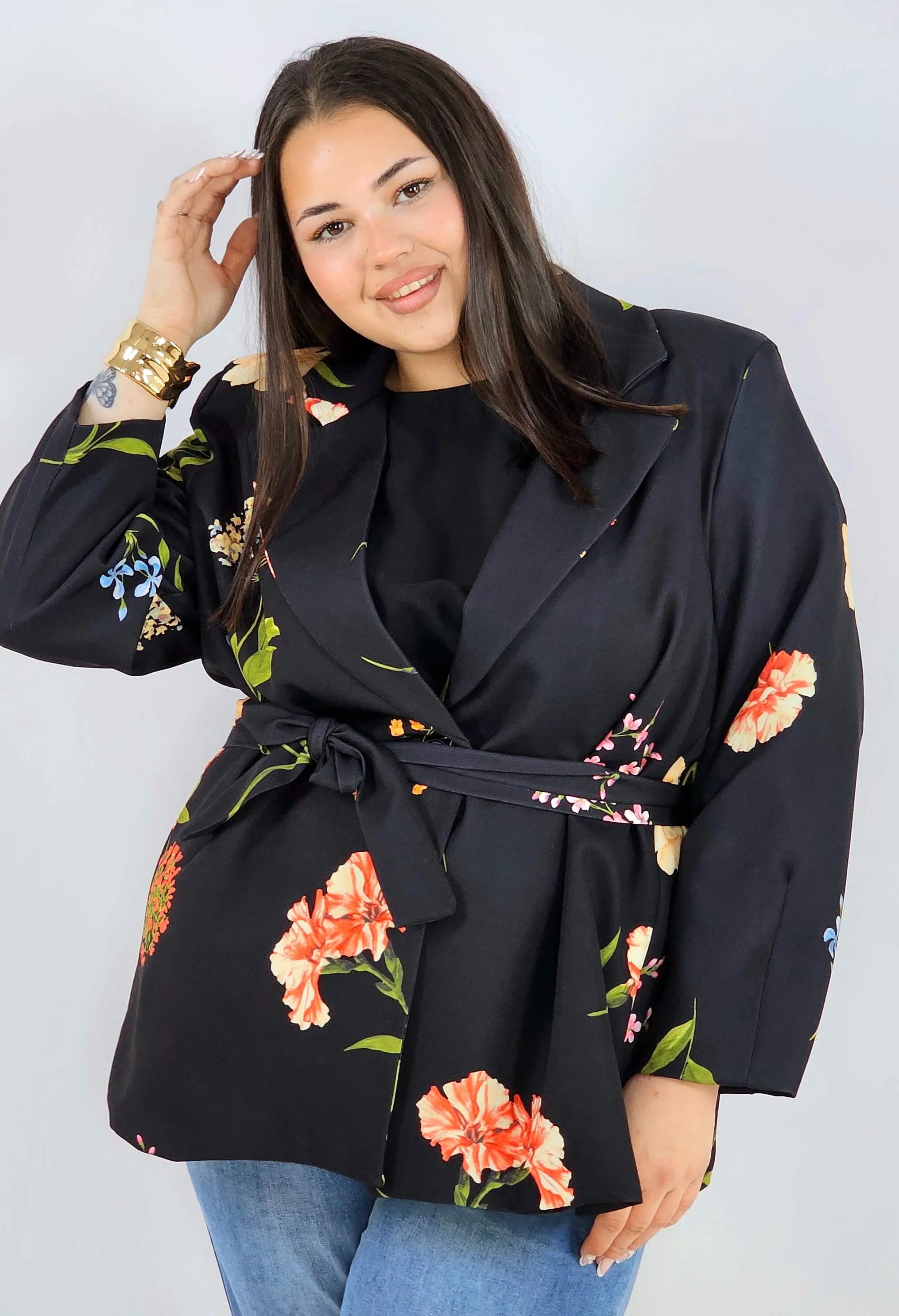 Marynarka plus size w kwiaty wiązana w talii elegancka XXL Stylowa XL