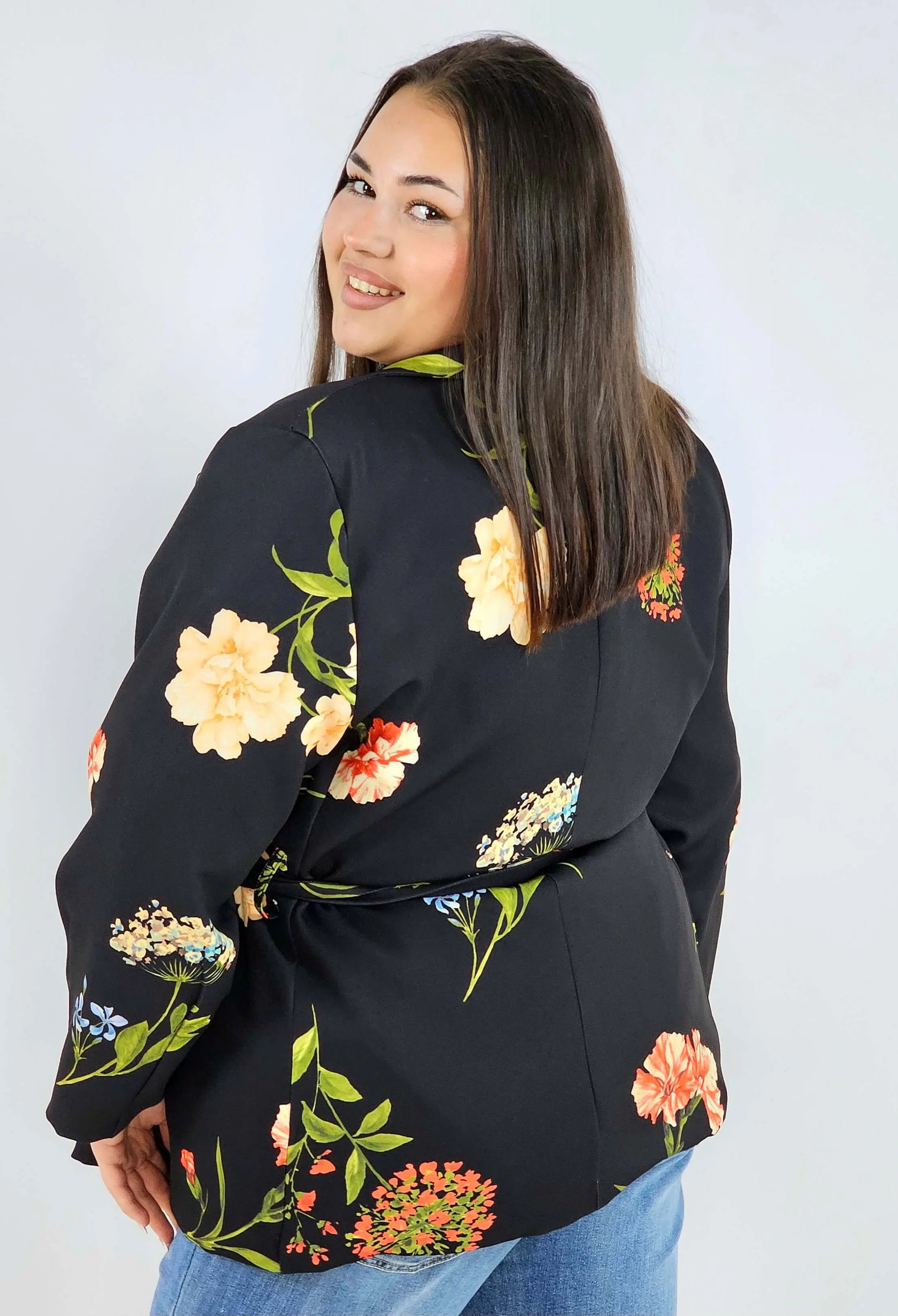 Marynarka plus size w kwiaty wiązana w talii elegancka XXL Stylowa XL
