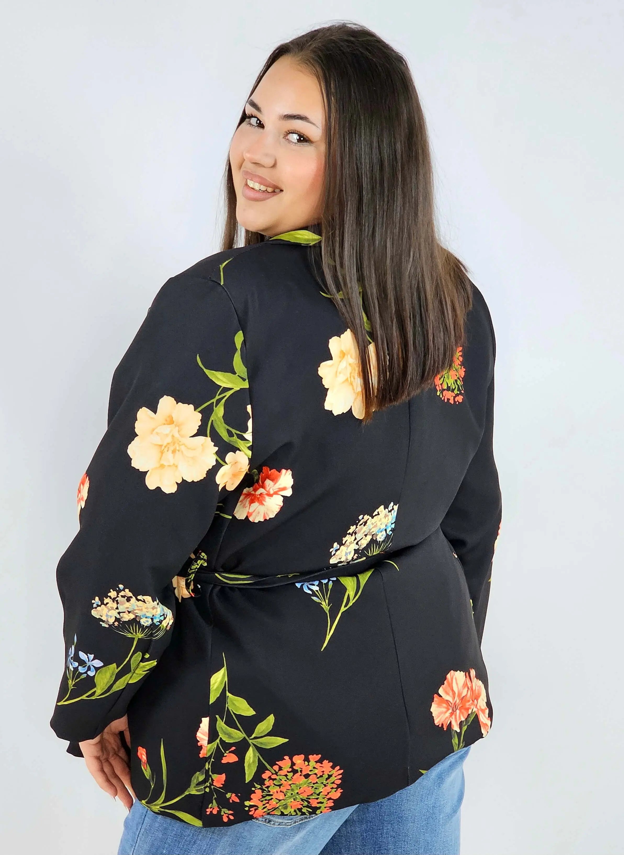 Marynarka plus size w kwiaty wiązana w talii elegancka XXL Stylowa XL