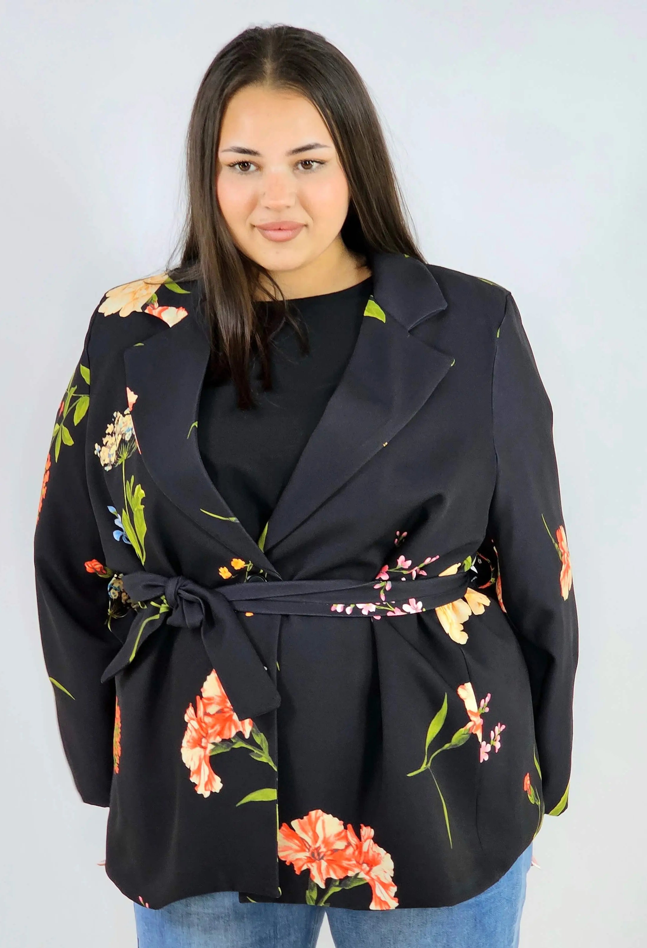 Marynarka plus size w kwiaty wiązana w talii elegancka XXL Stylowa XL