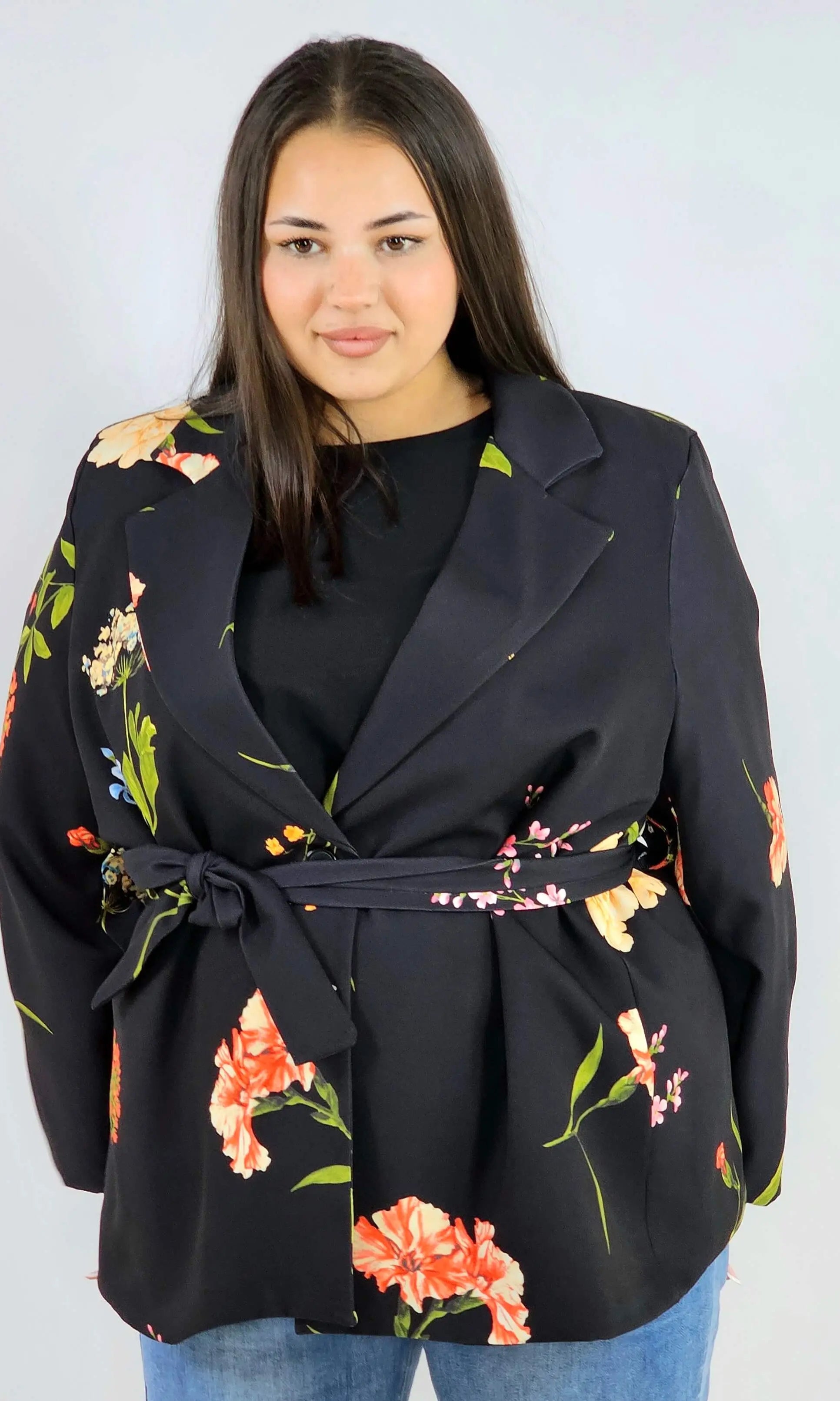 Marynarka plus size w kwiaty wiązana w talii elegancka XXL Stylowa XL