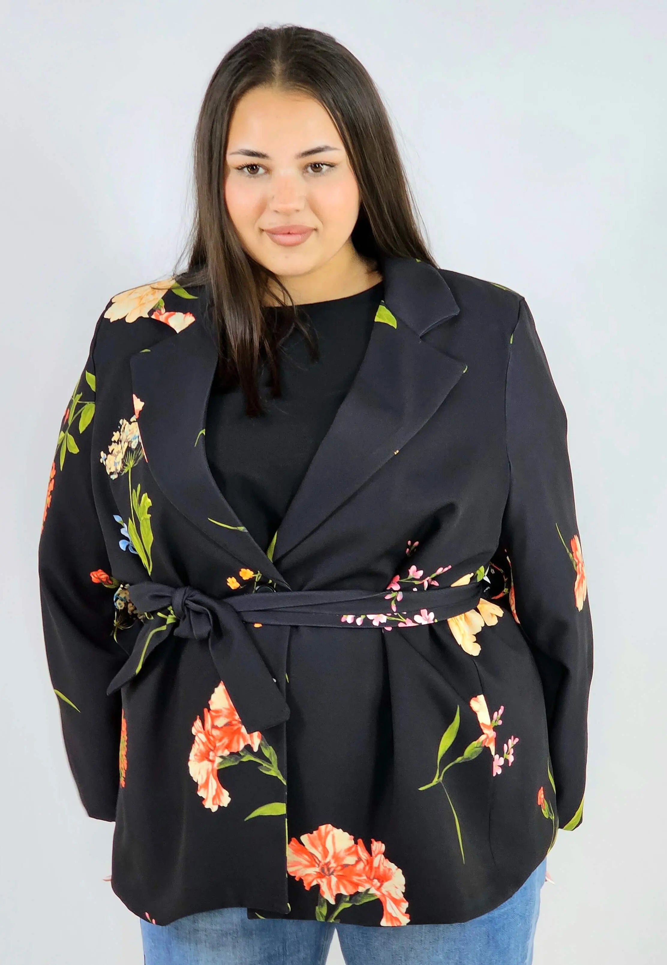 Marynarka plus size w kwiaty wiązana w talii elegancka XXL Stylowa XL