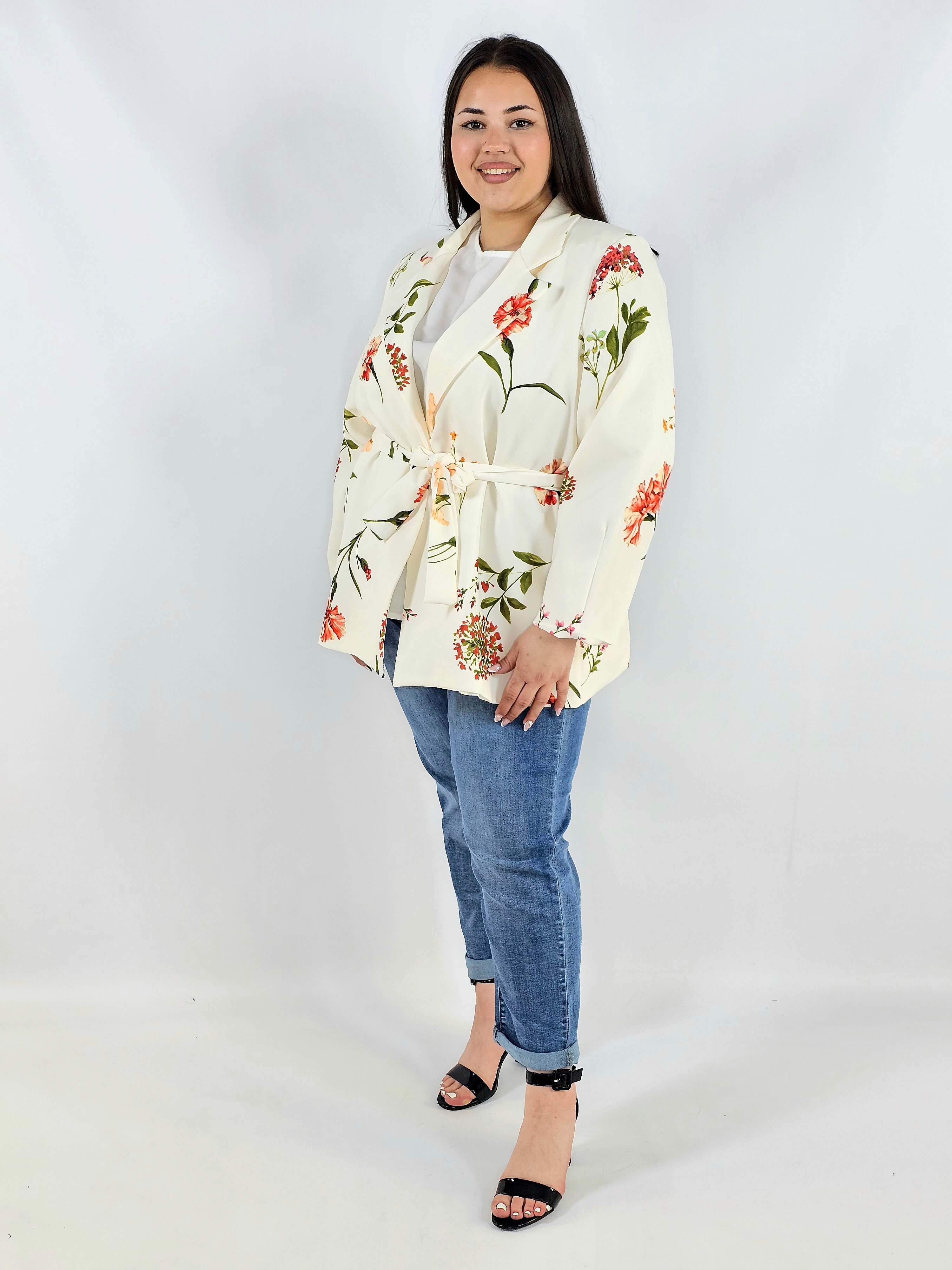 Marynarka plus size w kwiaty wiązana w talii elegancka XXL Stylowa XL