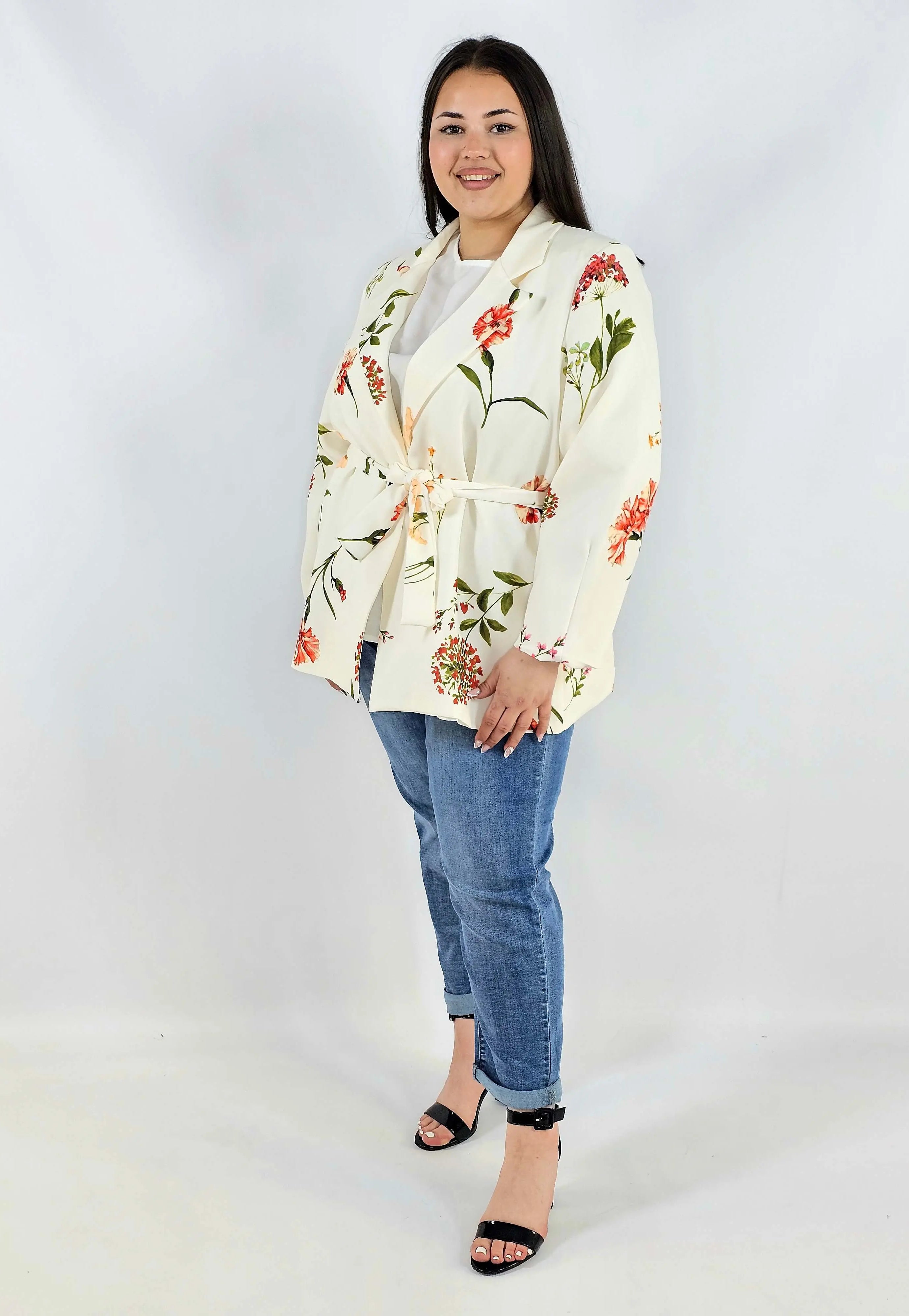 Marynarka plus size w kwiaty wiązana w talii elegancka XXL Stylowa XL