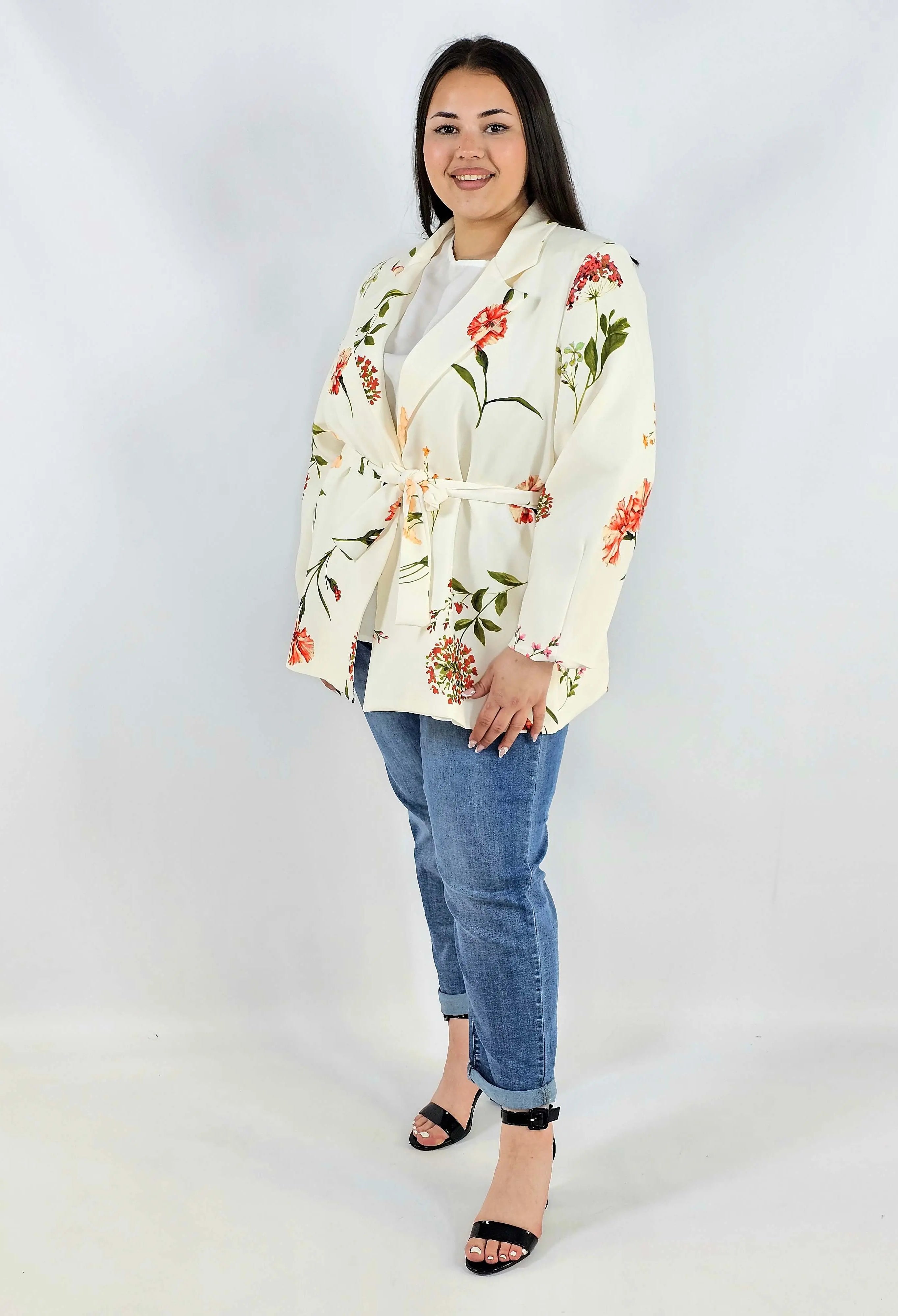 Marynarka plus size w kwiaty wiązana w talii elegancka XXL Stylowa XL
