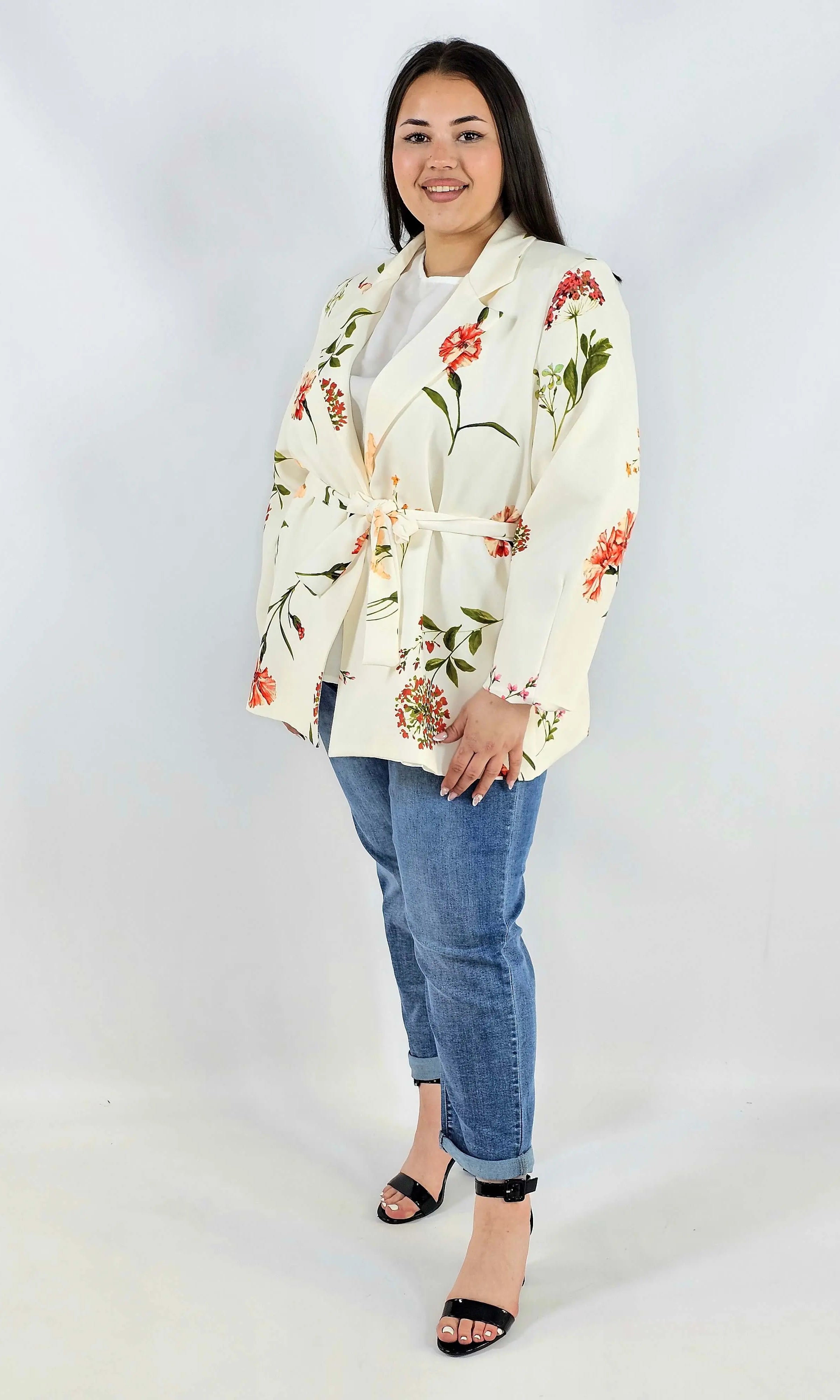 Marynarka plus size w kwiaty wiązana w talii elegancka XXL Stylowa XL