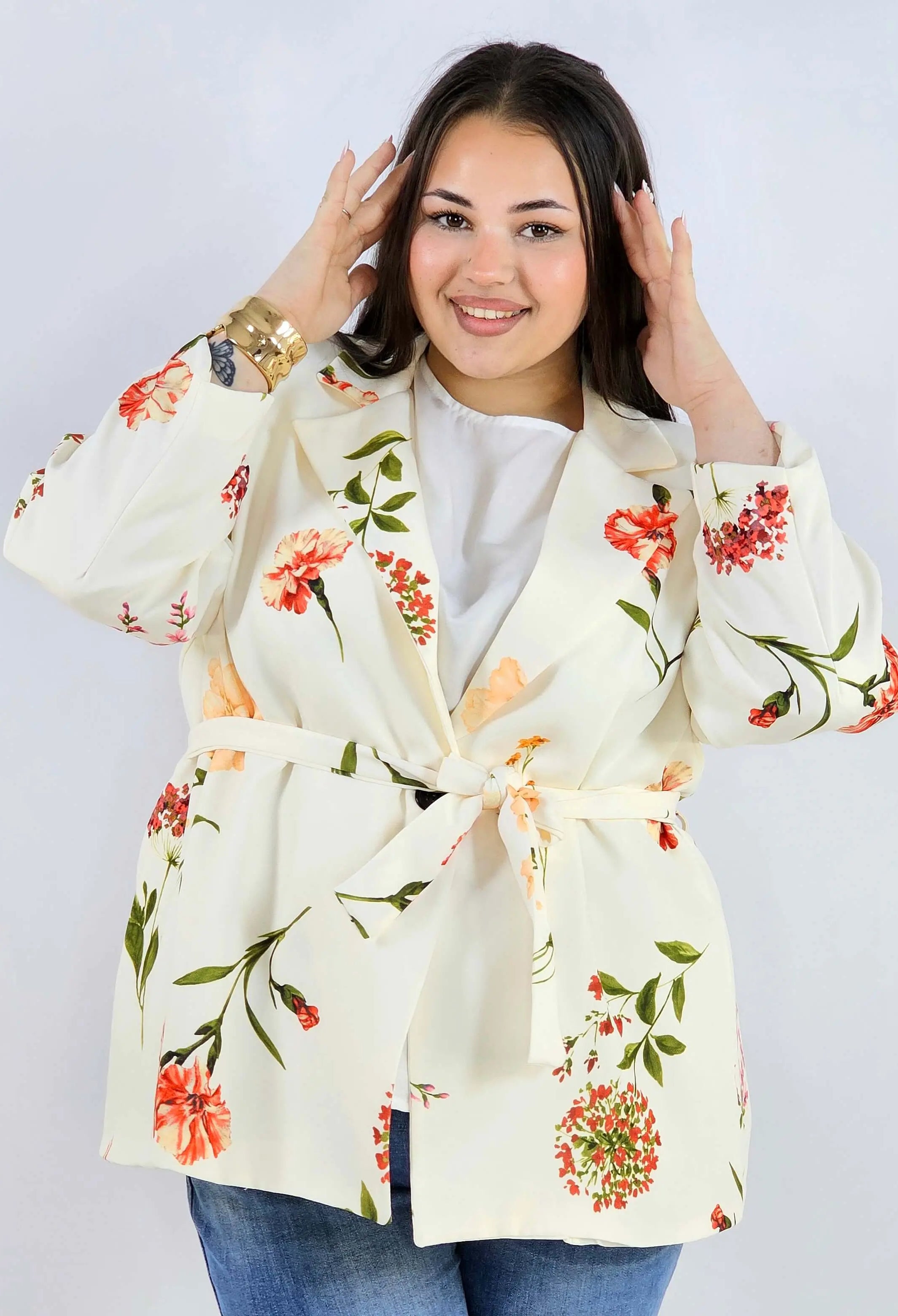 Marynarka plus size w kwiaty wiązana w talii elegancka XXL Stylowa XL
