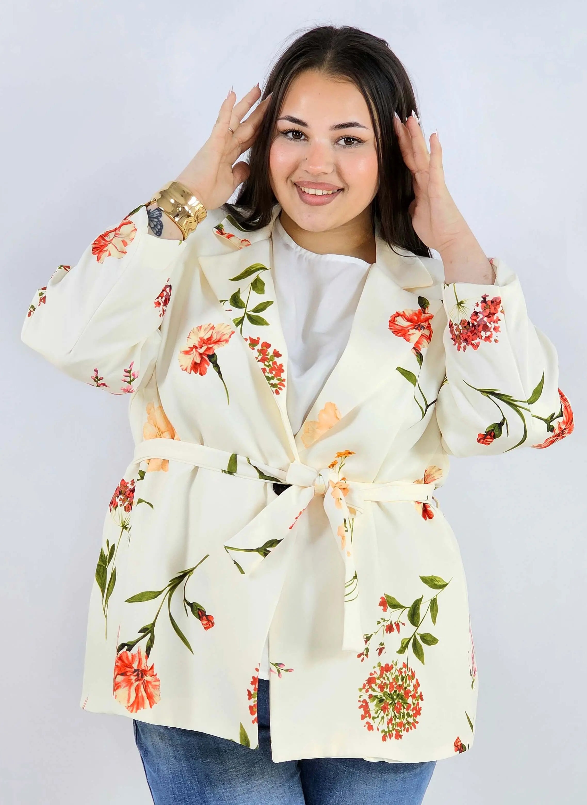 Marynarka plus size w kwiaty wiązana w talii elegancka XXL Stylowa XL