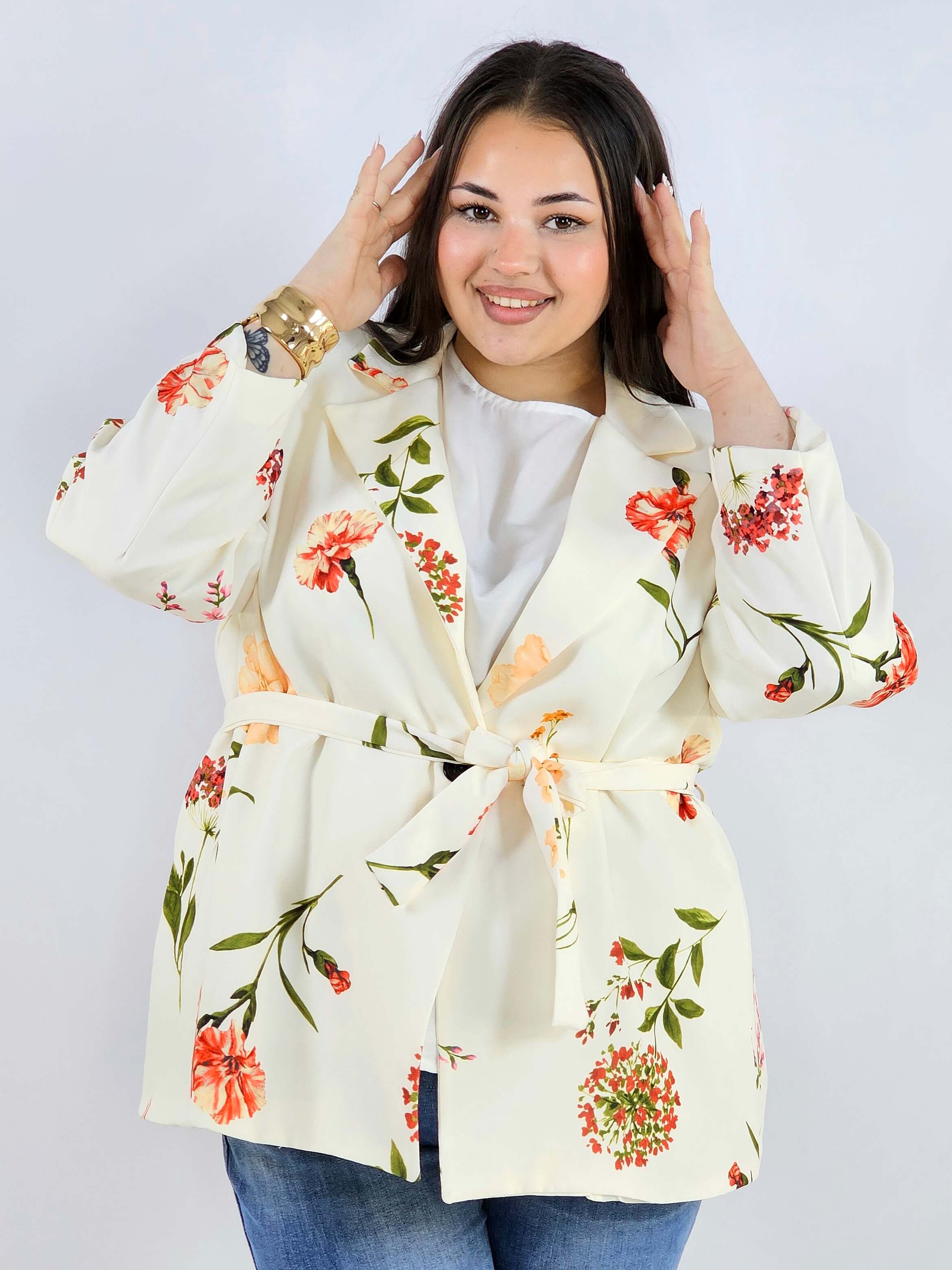Marynarka plus size w kwiaty wiązana w talii elegancka XXL Stylowa XL