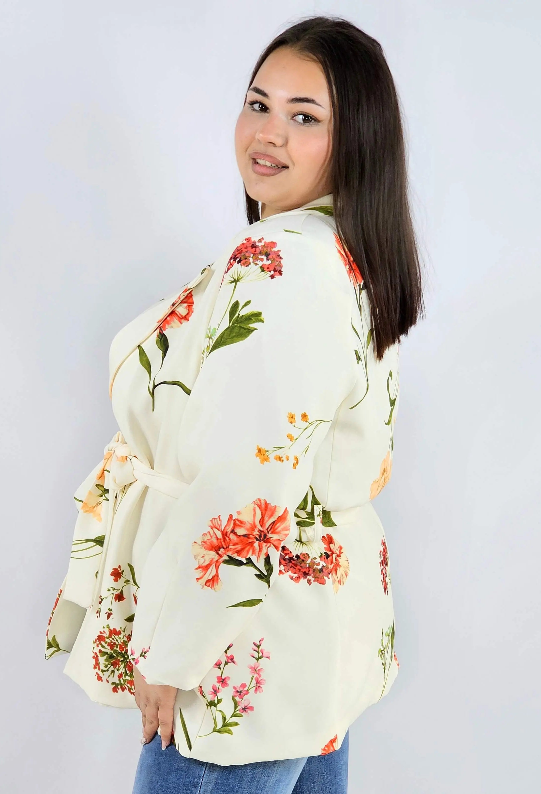 Marynarka plus size w kwiaty wiązana w talii elegancka XXL Stylowa XL