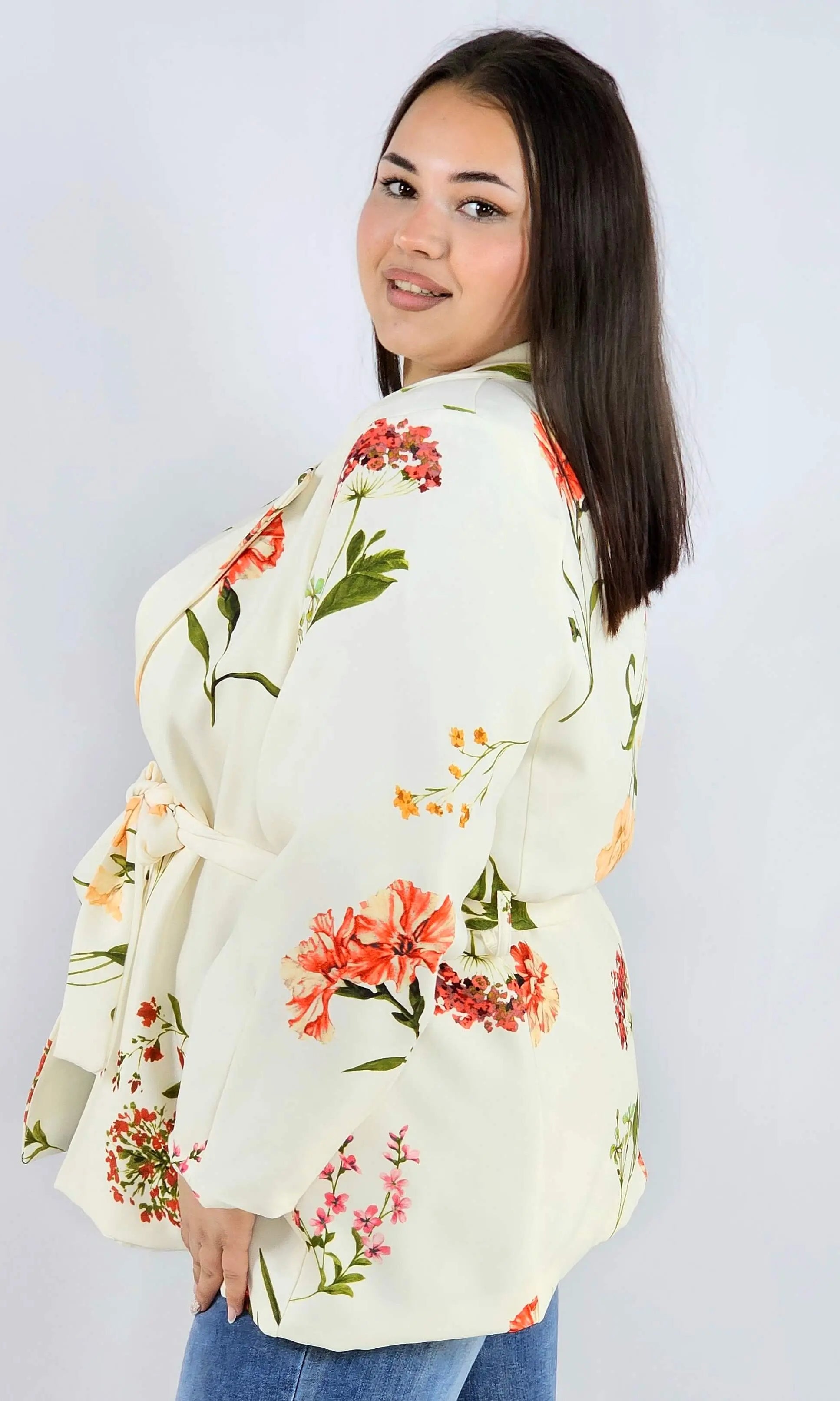 Marynarka plus size w kwiaty wiązana w talii elegancka XXL Stylowa XL