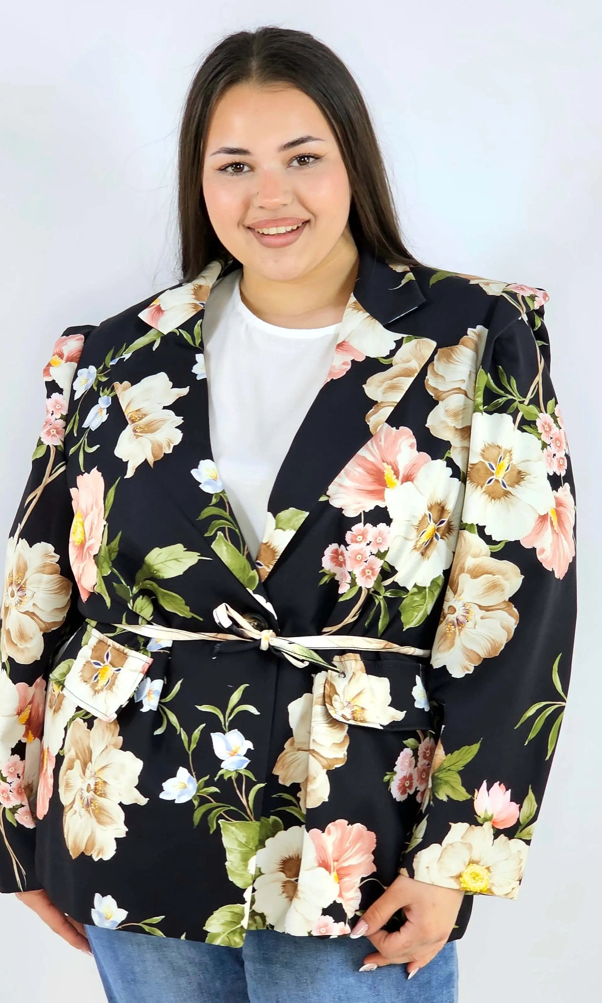 Marynarka plus size w kwiaty wiązana w talii elegancka XXL Stylowa XL