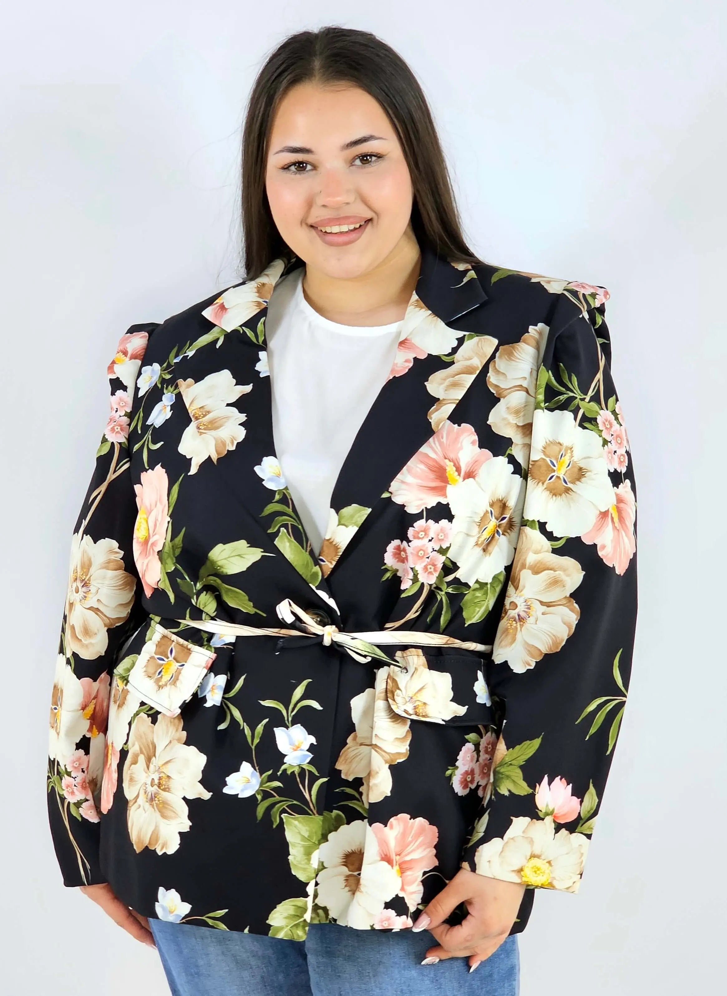 Marynarka plus size w kwiaty wiązana w talii elegancka XXL Stylowa XL
