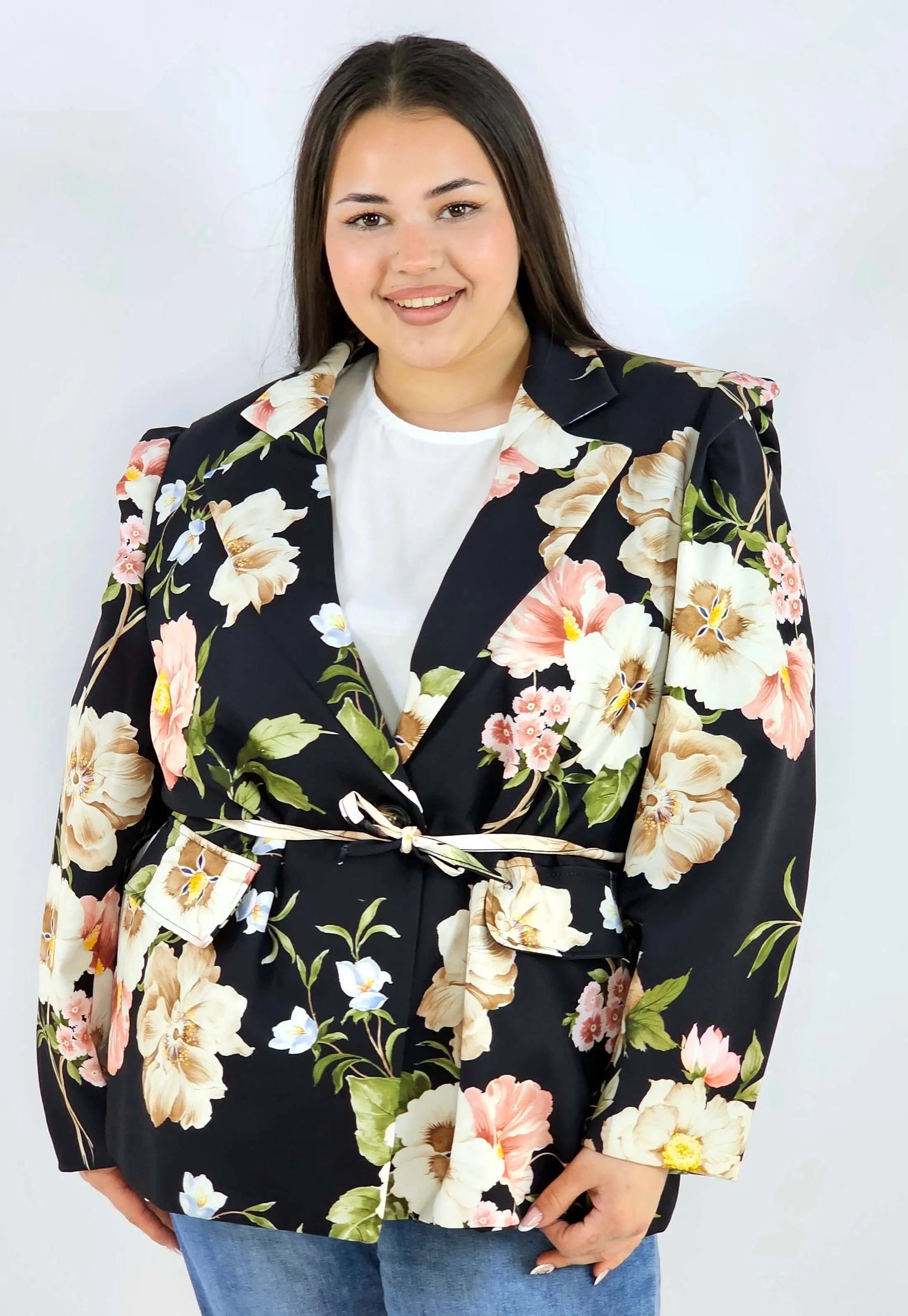 Marynarka plus size w kwiaty wiązana w talii elegancka XXL Stylowa XL