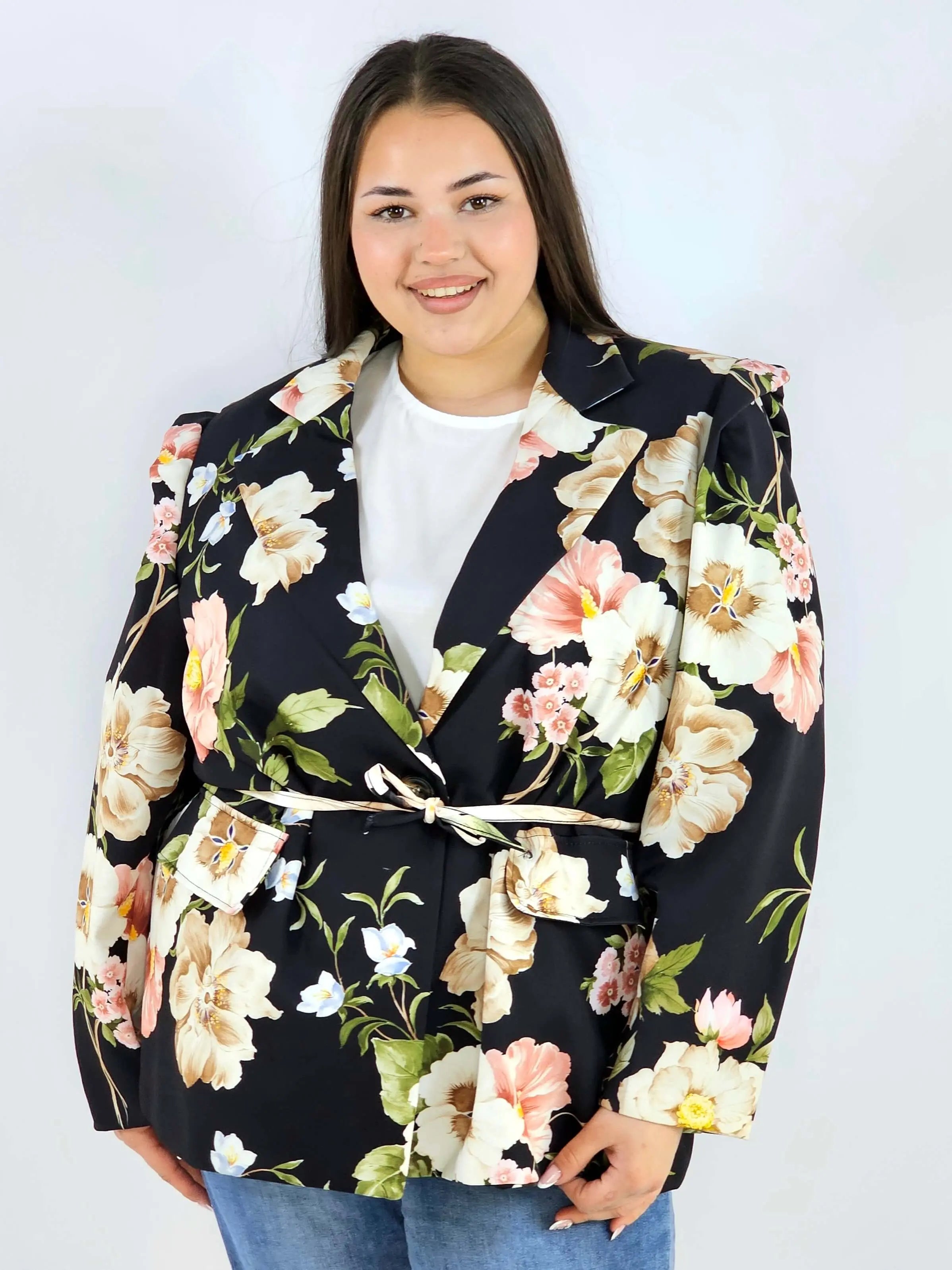 Marynarka plus size w kwiaty wiązana w talii elegancka XXL Stylowa XL