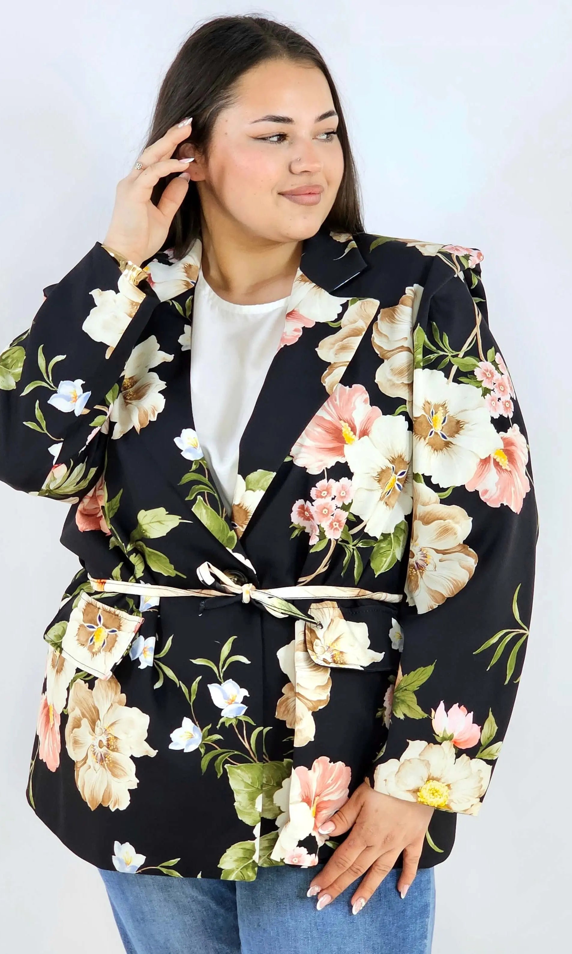 Marynarka plus size w kwiaty wiązana w talii elegancka XXL Stylowa XL