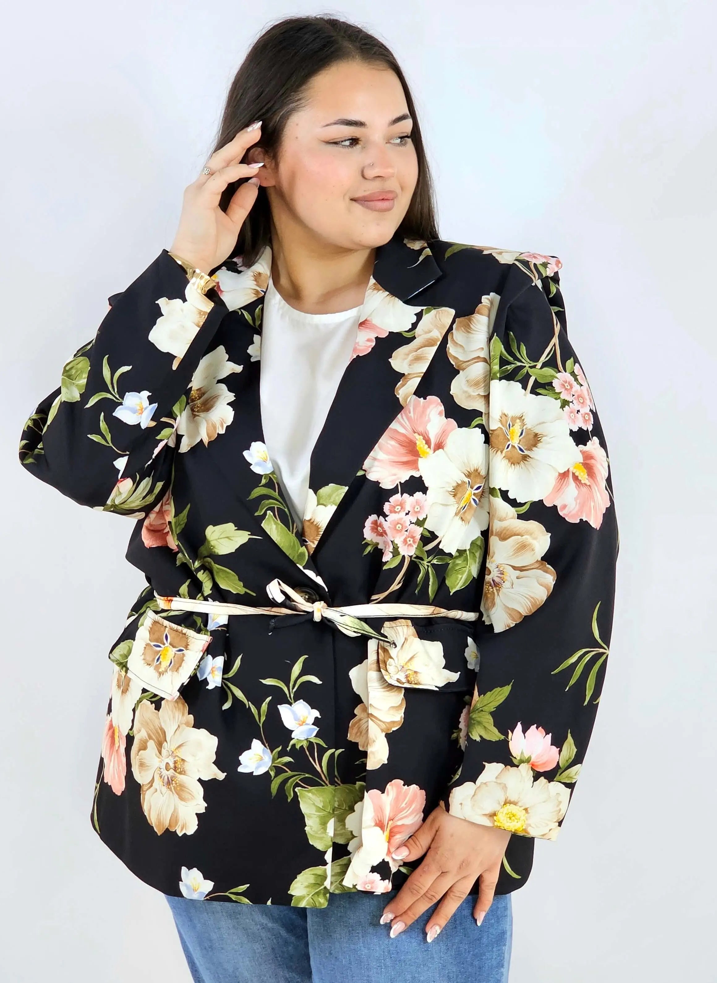 Marynarka plus size w kwiaty wiązana w talii elegancka XXL Stylowa XL