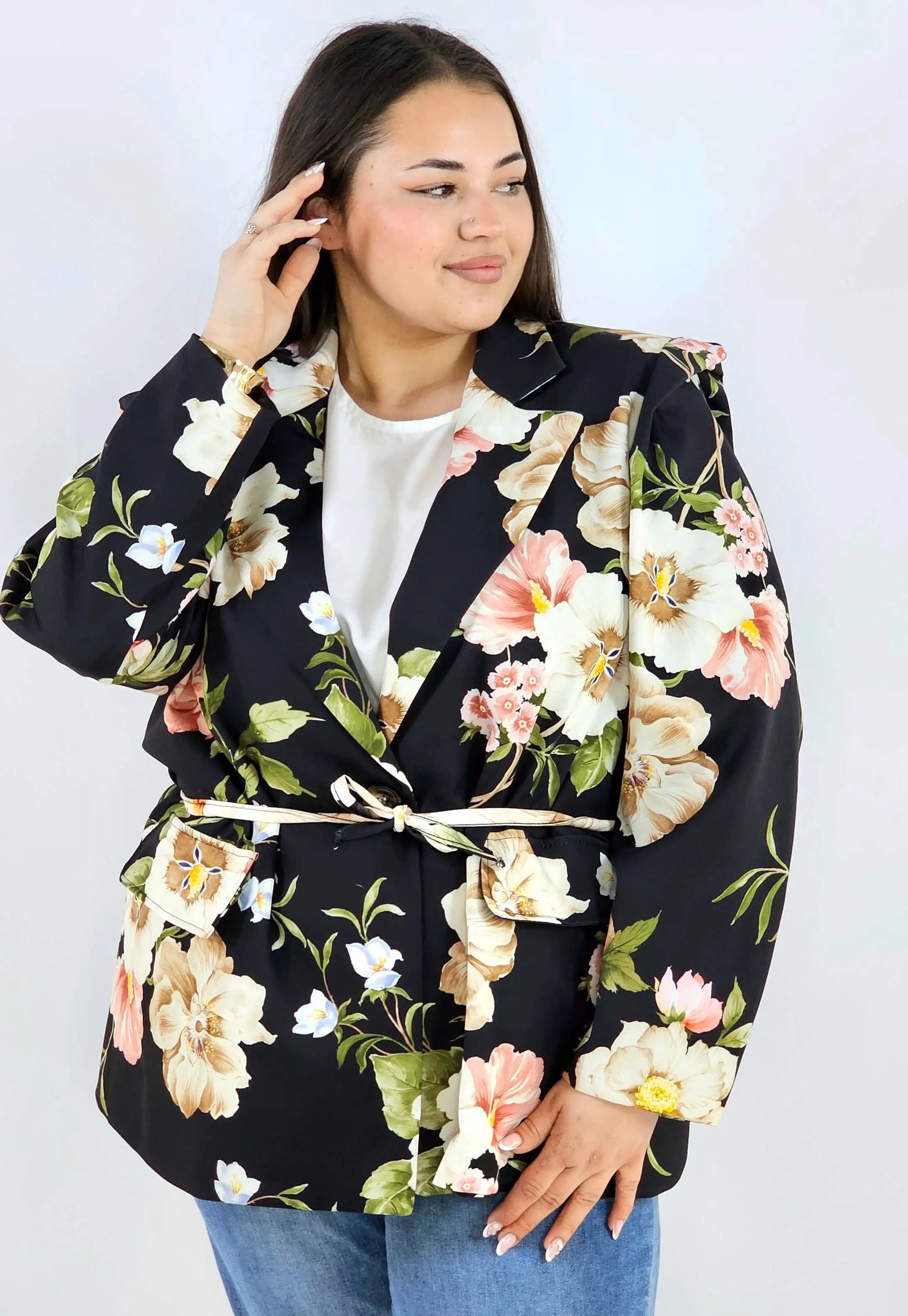 Marynarka plus size w kwiaty wiązana w talii elegancka XXL Stylowa XL