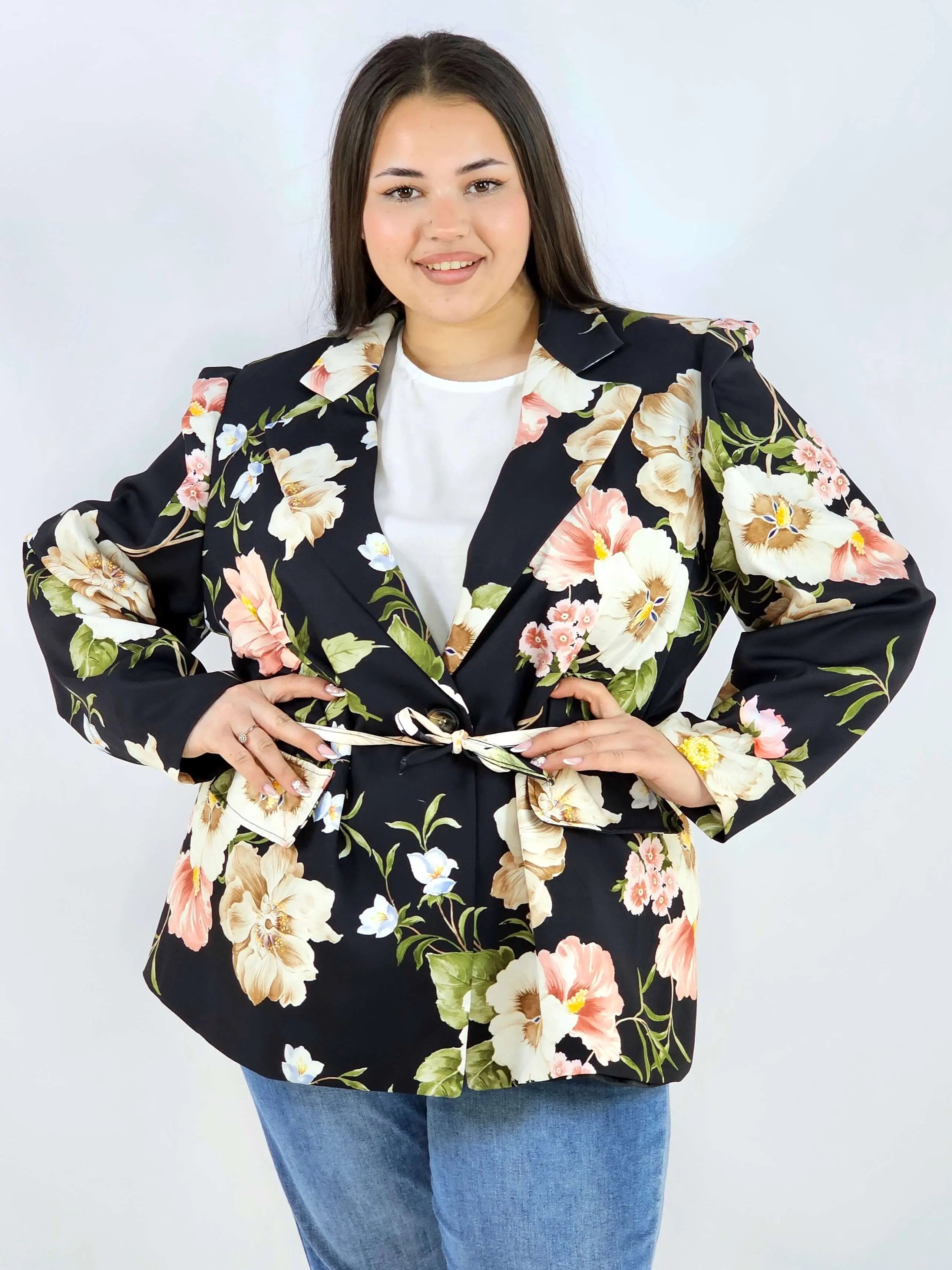 Marynarka plus size w kwiaty wiązana w talii elegancka XXL Stylowa XL