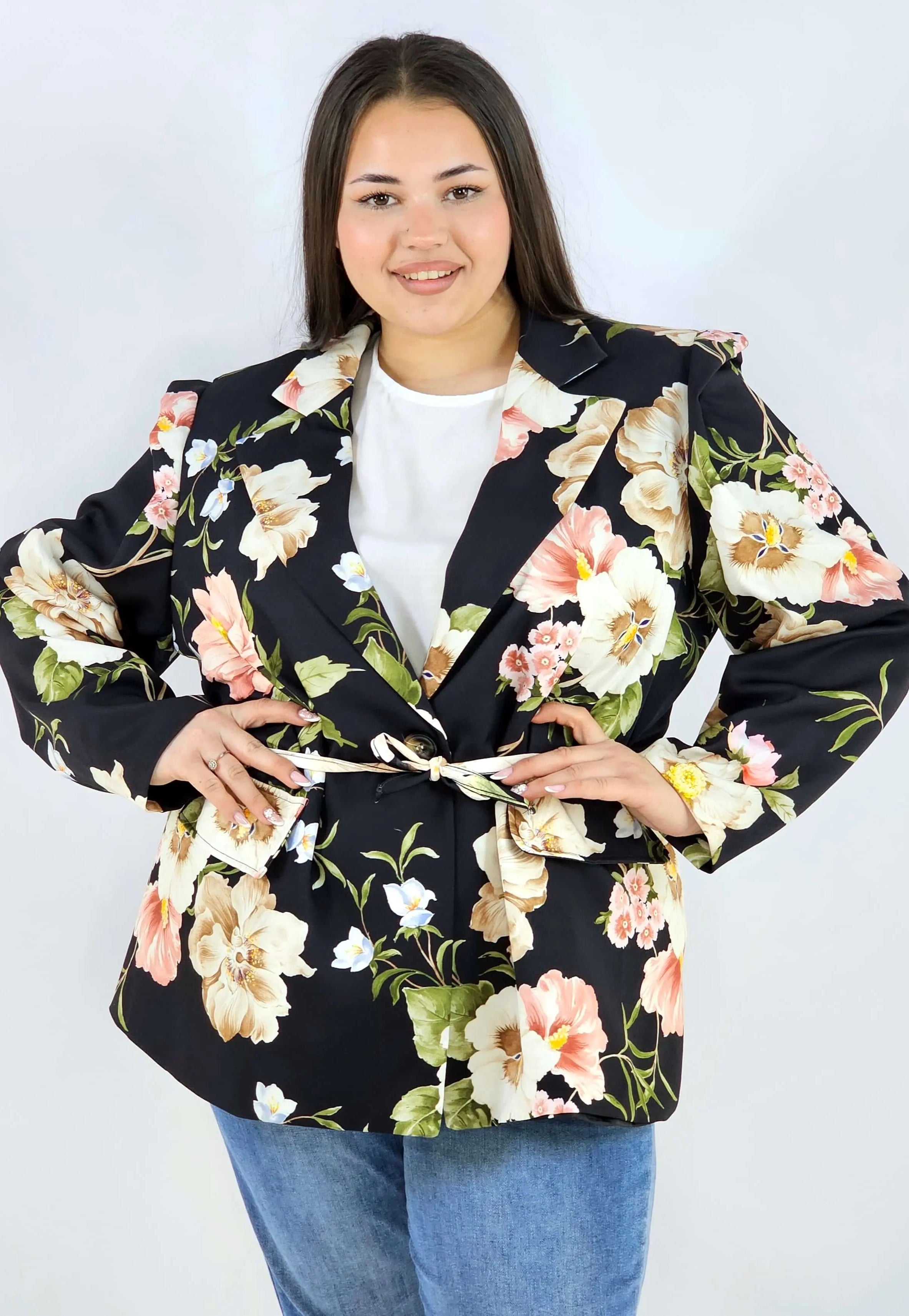 Marynarka plus size w kwiaty wiązana w talii elegancka XXL Stylowa XL